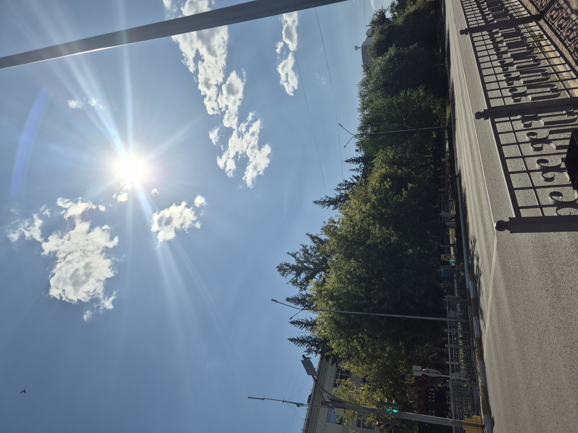 The image shows a bright, sunny day in Kokshetau, Kazakhstan, with the sun shining brightly in a clear blue sky, casting rays of light. The sun's glare is prominent in the upper right quadrant of the image. Fluffy white clouds are scattered across the sky. A single bird is visible in the upper left portion of the sky.
In the middle ground, a road runs horizontally across the frame, with a metal fence along the right side of the pavement. Trees line the opposite side of the road, forming a green border. Behind the trees, a building with a light-colored facade is visible, along with what appears to be a traffic light showing green, and some antennas. A tall, slender pole, possibly a lamppost or utility pole, is present on the far right. The environment appears to be urban or suburban.