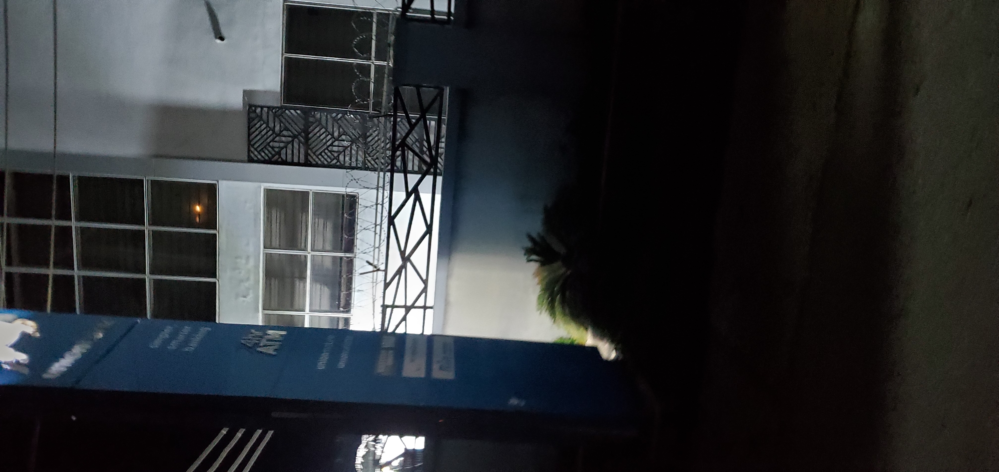 The image captures a static, nocturnal scene in Jos, Nigeria, featuring a commercial building, likely a bank, and its surrounding environment under low light conditions.
On the left, a tall, vertical blue signpost is prominently displayed. The upper section features a partially visible "UNION" logo and text, followed by "Simpler Smarter Banking." Below these, "24hr ATM," "unionmobile," and "uniononline" are clearly legible in white lettering, indicating a Union Bank branch offering 24-hour ATM services.
To the right, a multi-story building with a light-colored (off-white or grey) facade occupies the midground. Its upper section features large, grid-patterned windows, one of which reveals a small, distinct yellowish light source from within. The lower part of the building incorporates a dark, rectangular decorative panel with an intricate geometric pattern. A dark metal railing with a criss-cross design runs horizontally across the building's mid-section, topped with extensive coils of razor wire, indicating security measures. More windows, dark and reflective, are visible on the lower floors.
The foreground and the lower half of the image are very dark, with limited detail. However, hints of dark green foliage, possibly bushes or low-lying plants, can be discerned directly in front of the building's base, positioned behind the railing. The ground surface appears to be a dark, indistinct paved area.
No individuals or active movements are visible within the frame. The scene is characterized by its architectural elements, signage, and security features, presented in a dim, urban night setting.