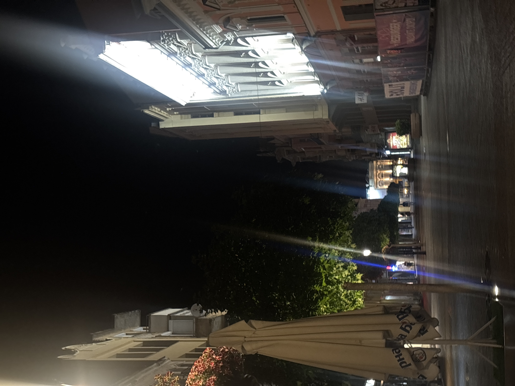 The image depicts a nighttime view of a street in Plovdiv, Bulgaria, likely a pedestrian zone. The street is lined with buildings, some of which are illuminated, highlighting architectural details such as columns and ornate facades. In the foreground on the left, a large, closed outdoor umbrella is visible, with some flowers hanging above it. The street itself appears paved and is dimly lit by streetlights and light emanating from the buildings. There are a few people walking in the distance, appearing as silhouettes against the illuminated background. Several signs and banners are mounted on fences along the right side of the street, with some displaying text and logos, including one that appears to be for H&M. The overall atmosphere is one of a quiet urban street at night.