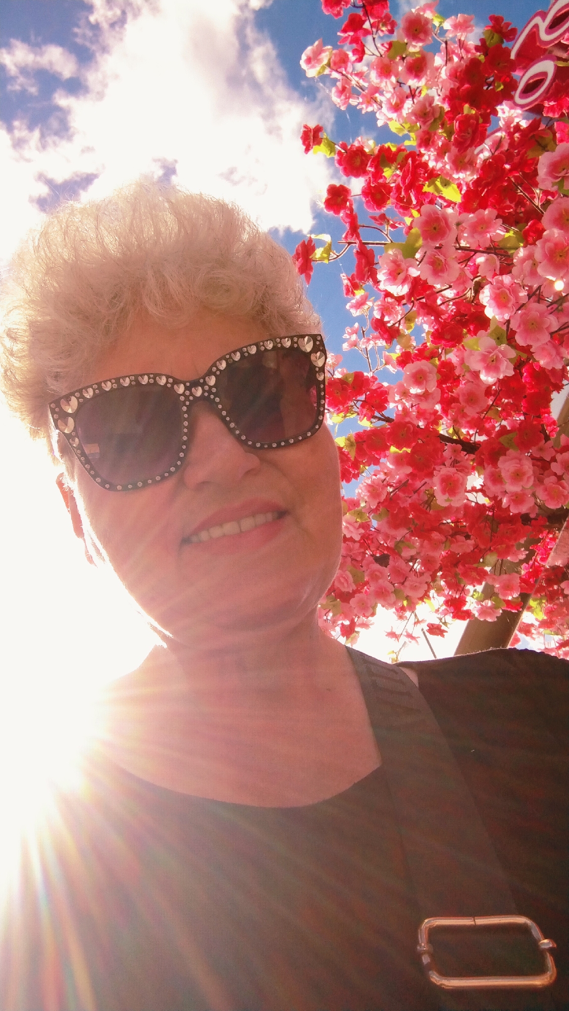 A woman with short, white, permed hair and large, rhinestone-encrusted sunglasses smiles at the camera. She is wearing a dark top with a buckle on the shoulder strap. Behind her, a tree with bright pink and red blossoms is in full bloom against a blue sky with scattered white clouds. The sun is shining brightly, causing lens flare that illuminates the left side of the image. The image appears to be a selfie taken outdoors. The scene is not identifiable as being in Horishni Plavni, Ukraine.