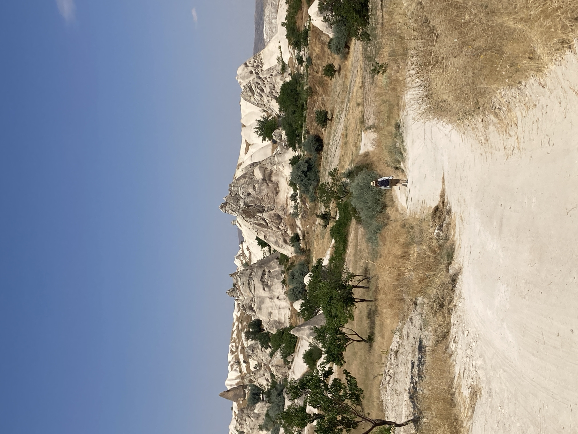 In Göreme, Turkey, under a clear blue sky, a solitary hiker walks along a dirt path through a valley characterized by striking natural rock formations. These formations, resembling fairy chimneys, are composed of light-colored tuff rock, eroded by wind and water over millennia. The terrain is arid, with sparse, dry grasses and scattered green trees dotting the landscape. The hiker, seen from behind, is wearing a hat and a backpack, suggesting they are engaged in a recreational hike. The path leads towards the more distant, prominent rock formations, with the surrounding hills exhibiting similar geological features. The overall scene depicts a natural landscape shaped by volcanic activity and erosion, providing a backdrop for outdoor exploration.