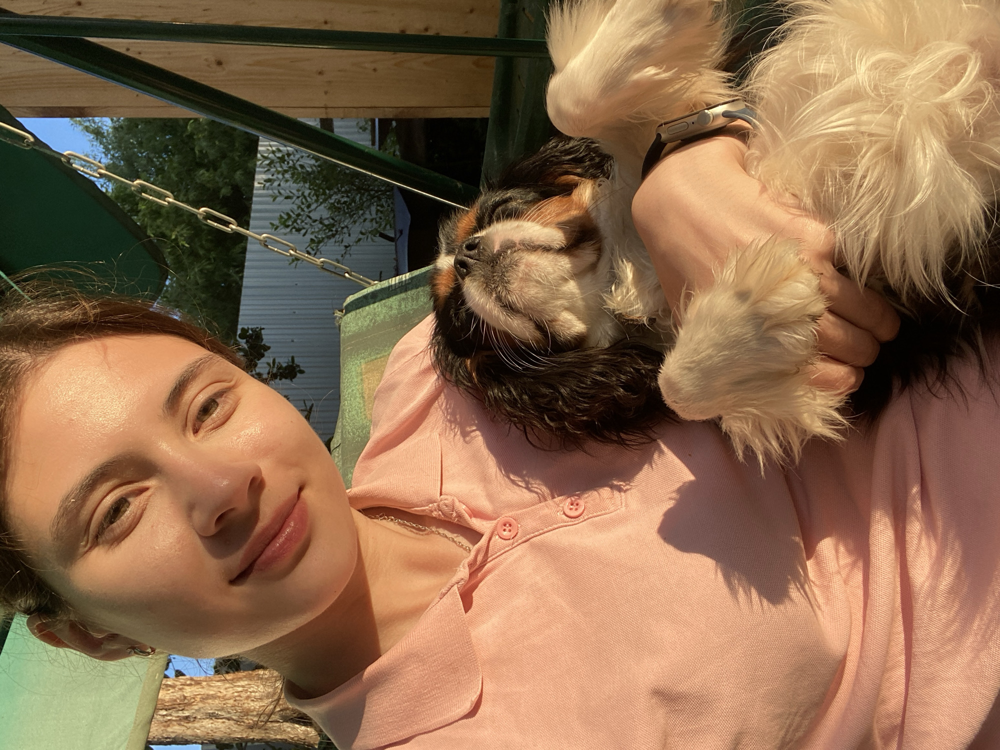 A young woman with brown hair, wearing a pink polo shirt, is sitting on a swing set outdoors in what appears to be a backyard. She is holding a small dog, a Cavalier King Charles Spaniel, which is lying on its back in her arms, looking upwards with its eyes closed. The dog is tri-colored, with black, white, and tan markings. The woman is smiling and looking towards the camera. The sun is shining brightly, casting long shadows and creating a warm, golden light across the scene. In the background, there is a wooden fence, trees, and part of the swing set structure, including a green canopy. The overall impression is one of a relaxed, happy moment in a domestic setting. The location is the city of Votkinsk, Russia.