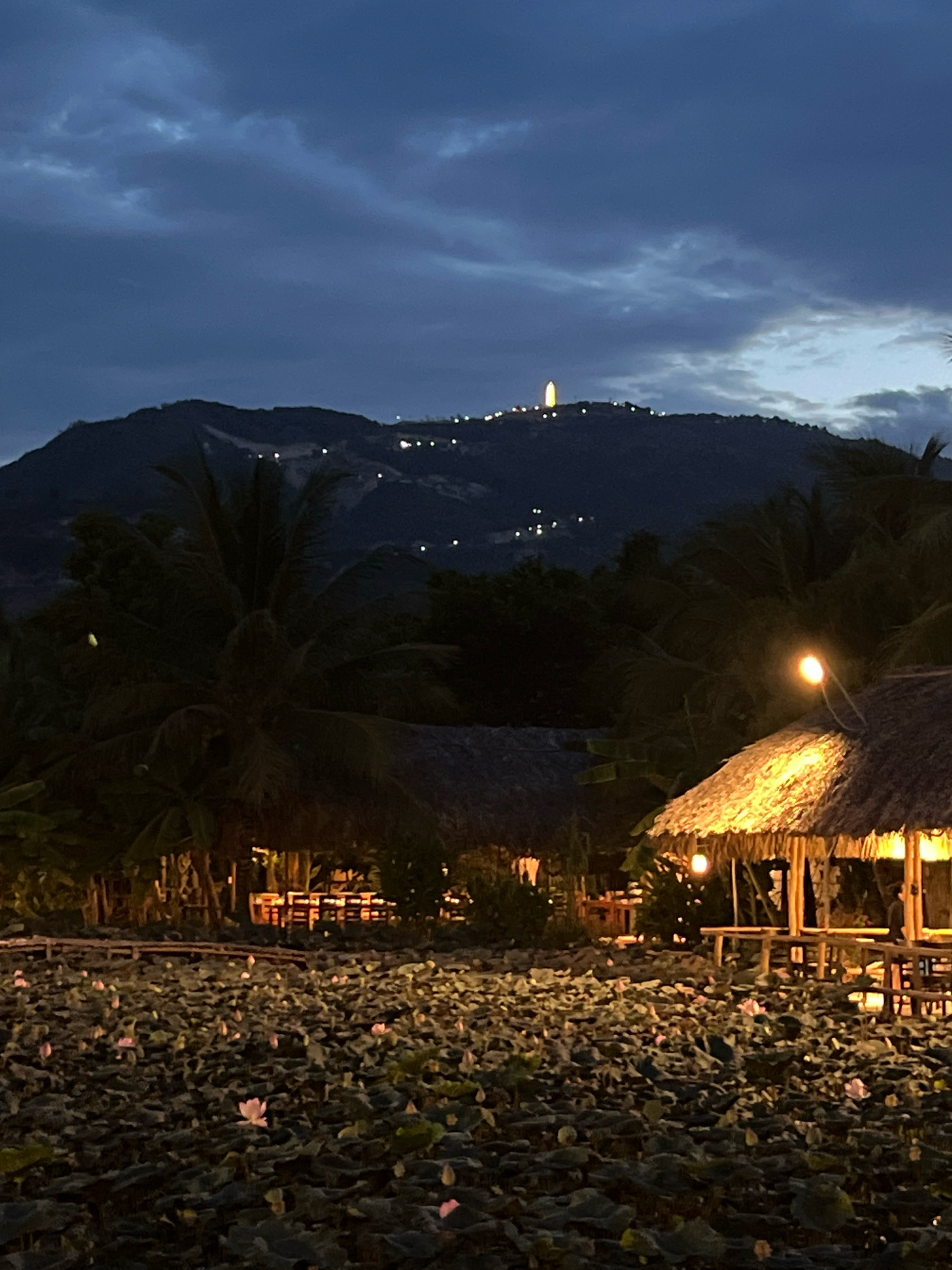 The image depicts a nighttime scene at a lotus pond with a thatched-roof restaurant in the foreground, located in the city of Nha Trang, Vietnam. The sky is dark blue with some clouds, and lights are visible on a distant hillside, with a prominent illuminated structure atop the hill. The pond is filled with lily pads and a few pink lotus flowers, some of which are lit by the restaurant's lights. The restaurant features thatched roofs, wooden pillars, and tables and chairs that are visible through the open structure. Palm trees are scattered throughout the scene, and a warm glow emanates from the lights of the restaurant, creating a serene and inviting atmosphere.