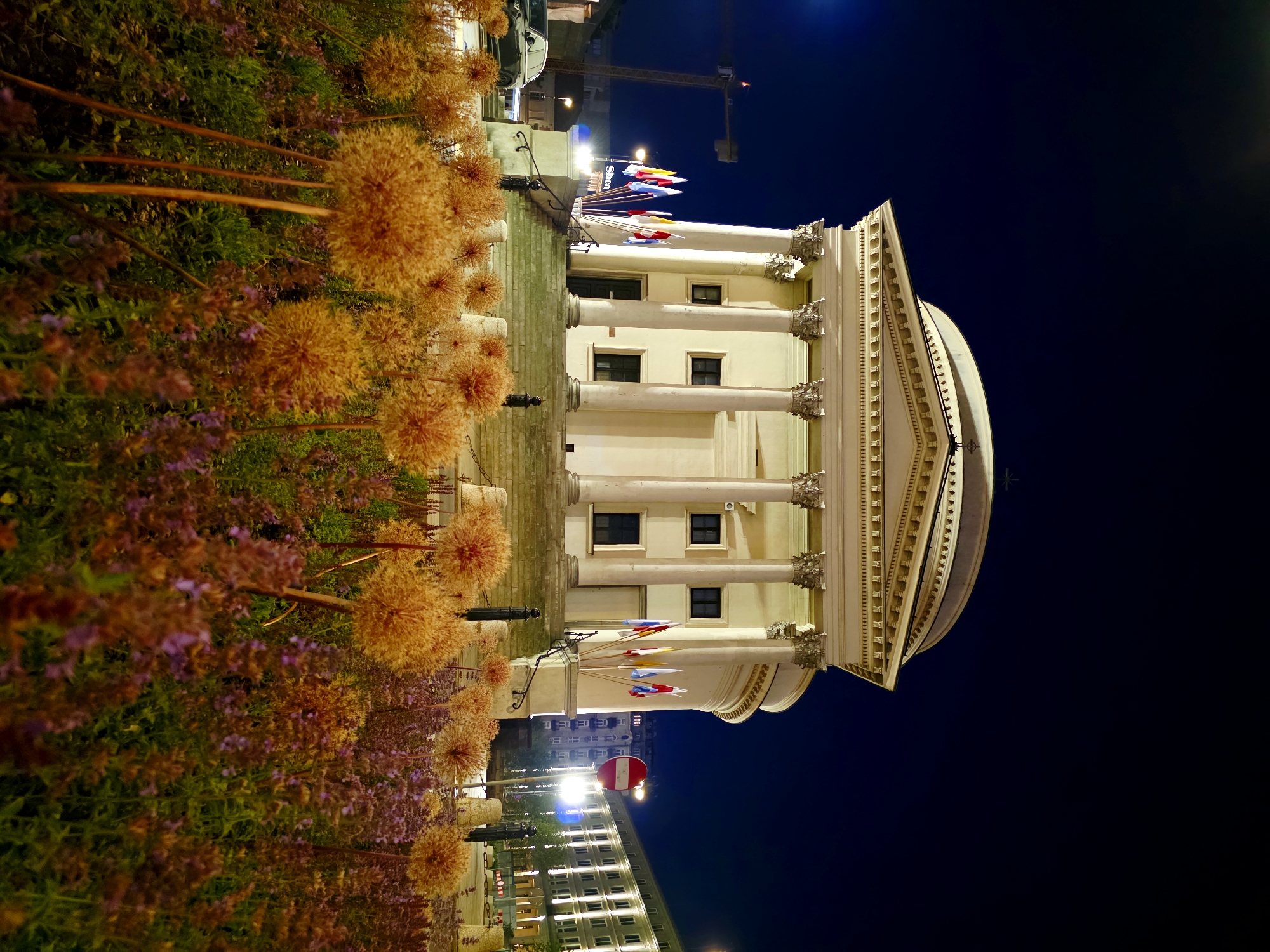 The image shows the National Bank of Poland building in Warsaw at night. The building is a neoclassical structure with a prominent dome and columns, illuminated by artificial lights. In front of the building, there is a garden with dry, spherical flowers and some purple flowers. Flags of different countries are displayed on poles near the entrance. A dark-colored car is parked to the left of the building, and a construction crane is visible in the background. A street sign with a red circle and a horizontal bar is also visible. The sky is dark, indicating nighttime.