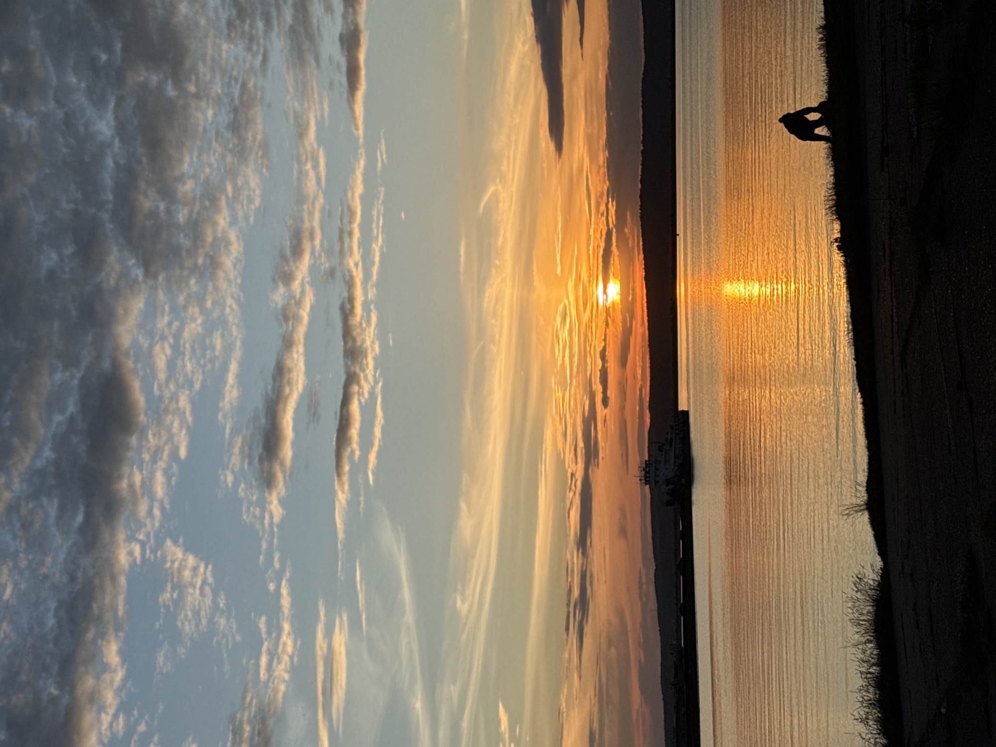 This is a vertical, low-angle photograph of a sunset over a body of water. The sky is filled with wispy clouds tinged with orange and yellow from the setting sun. The sun itself is visible as a bright, round orb near the horizon, casting a golden reflection on the water. A silhouette of a person is visible in the lower right corner, sitting on the grassy edge of the water. In the distance, a boat is visible on the water. The scene evokes a sense of calm and tranquility. The time of day is sunset. The weather appears clear. The location is likely a natural setting near water, possibly a lake or ocean. There is no visible text in the image.