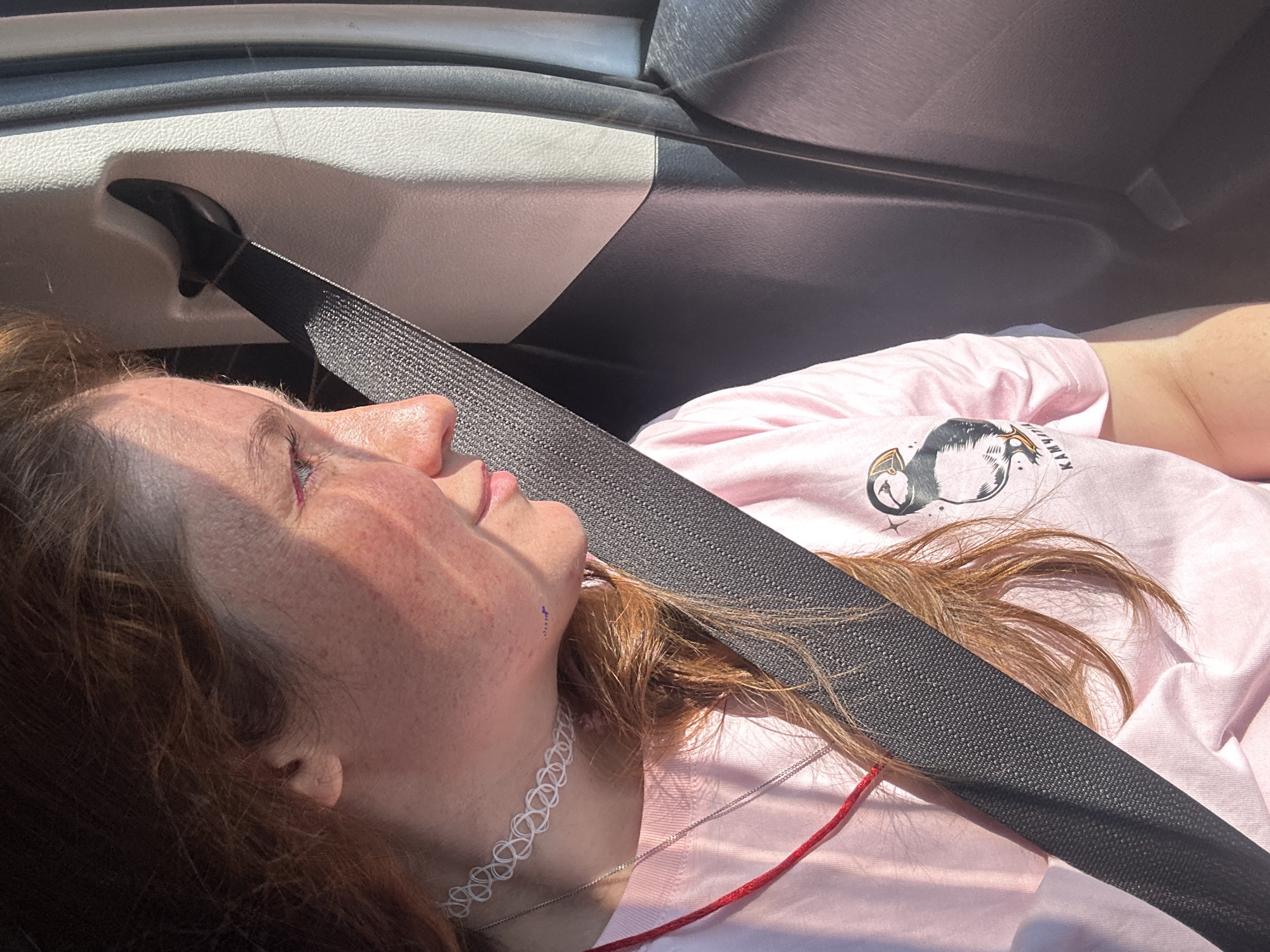 A young woman with reddish-brown hair is shown from the chest up, seated in a vehicle. She is wearing a pink t-shirt with a puffin graphic and the word "KAMCHATKA" printed on it, a white choker necklace, and a silver chain. Sunlight streams in from the side, casting shadows across her face and the car's interior. A black seatbelt crosses her chest diagonally. The environment appears to be the interior of a car, possibly in or near the city of Krutoberegovoy, Russia, given the context provided.