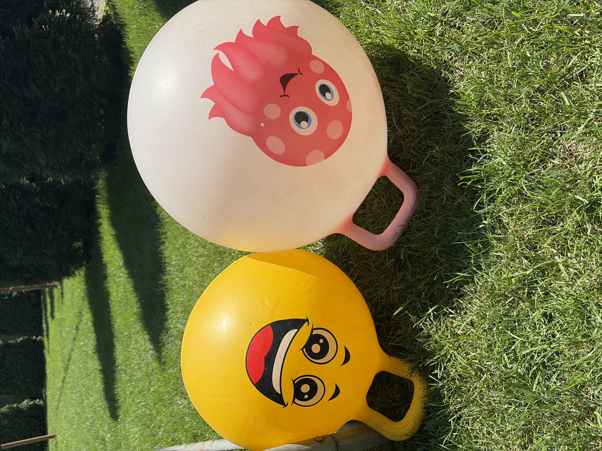 Two inflatable hopper balls, one yellow with a cartoon face and one white with a pink octopus design, rest on a green lawn. The yellow ball is on the left, and the white ball is to its right. Both balls have handles. Behind the balls, a row of dark green evergreen bushes forms a backdrop. The scene appears to be outdoors on a sunny day, casting shadows on the grass. The specific location in Oxentea, Moldova, is not determinable from the visual information provided.