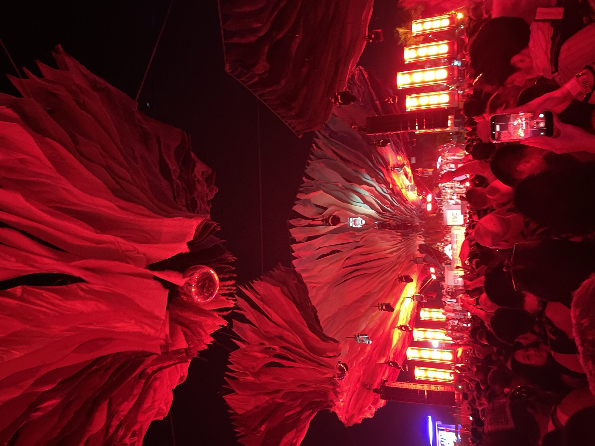 The image shows a concert or event held at night in Indio, California, United States of America. The foreground features large, elaborate decorations resembling red and white floral or feathery arrangements suspended from above, with a disco ball visible amidst the red decorations. The background depicts a crowd of people, many holding up their phones to record the event. A stage with bright lighting rigs is visible behind the crowd. The lighting creates a predominantly red hue in the scene.