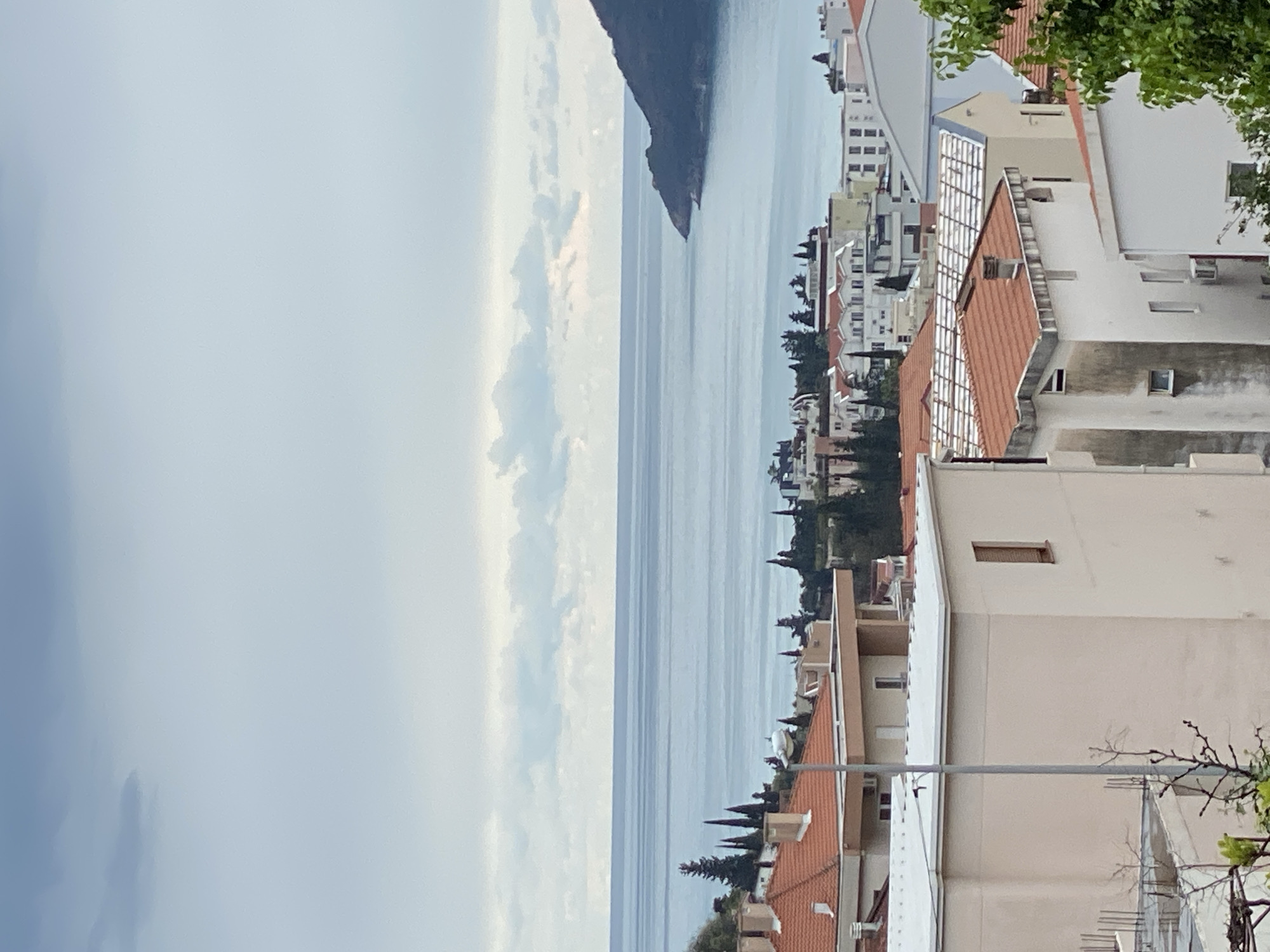 The image displays an elevated panoramic view of a coastal urban landscape within Budva, Montenegro, oriented towards the Adriatic Sea under an overcast sky. In the immediate foreground, multiple multi-story residential buildings with light-colored stucco facades and prominent reddish-orange terracotta tile roofs are visible. Several flat roofs, some appearing light gray or white, are also present. A metallic gray utility pole ascends from the lower-left portion of the frame. Green deciduous foliage is observed in the lower-left and lower-right corners.
The mid-ground is dominated by the calm, light blue-gray expanse of the Adriatic Sea, presenting a clear, flat horizon line. Along the distant shoreline and rising terrain, additional buildings are interspersed with numerous tall, dark green coniferous trees. To the far right, a prominent, dark green, treed headland extends into the sea, forming a distinct geographical feature.
The background consists of an overcast sky filled with varying shades of light gray and white clouds. No people or active interactions are discernible within the frame. The scene depicts a static, elevated view of an urbanized coastal environment.