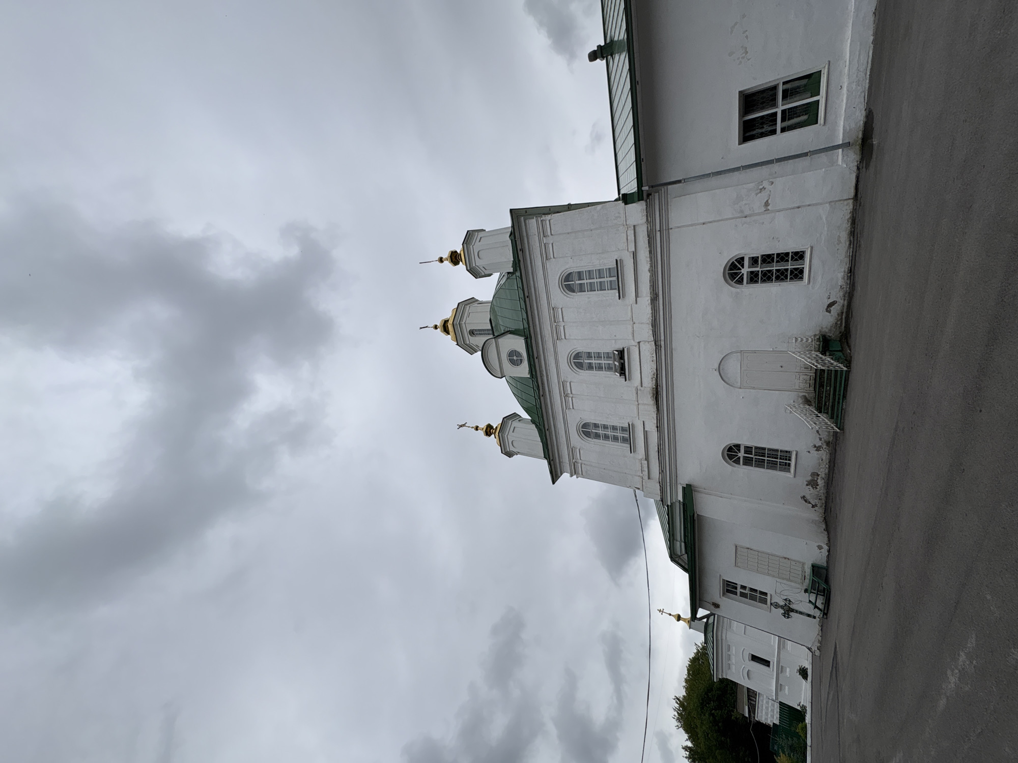 This is a wide-angle, low-angle shot of the Spaso-Preobrazhensky Cathedral in Perm, Russia, taken on an overcast day. The main subject is the white, multi-domed cathedral with green roofs. The cathedral's architecture features arched windows and gilded crosses atop its domes. In the foreground, there is an asphalt path and some green foliage on the left. The sky is filled with heavy, grey clouds.