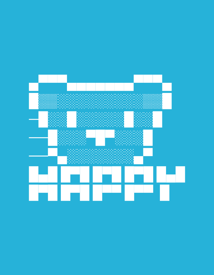 The image is a digitally rendered graphic with a bright blue background. Centered in the upper half of the image is a pixelated white design that appears to be a stylized face or character. Below this, also in white pixelated text, is the word "HAPPY". There are no elements in the image that suggest a specific location in Jenu, Indonesia, or any real-world environment. The graphic is abstract and lacks any contextual details for a geographical setting.