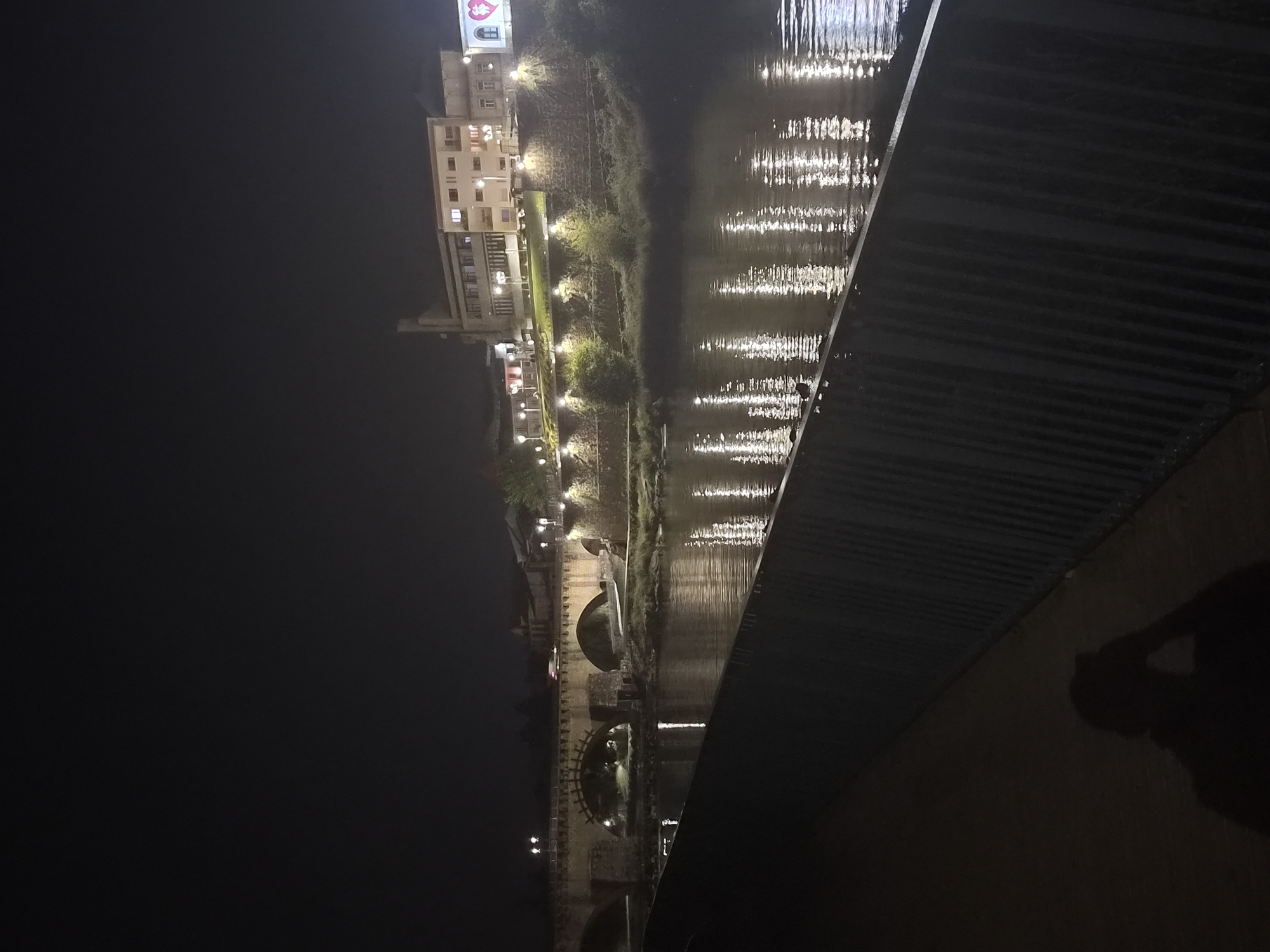 This is a vertical, night-time, eye-level shot of the Gilão River in Barcelos, Portugal. The river fills the lower half of the frame, with its dark water reflecting the lights from the buildings and bridge on the opposite bank. A dark metal railing runs along the bottom right of the foreground, with a shadow of a person holding a phone visible on the lower left. The middle ground is dominated by a stone bridge with multiple arches, illuminated by streetlights. Beyond the bridge, buildings line the riverbank, also lit up at night. The sky above is dark and devoid of stars.