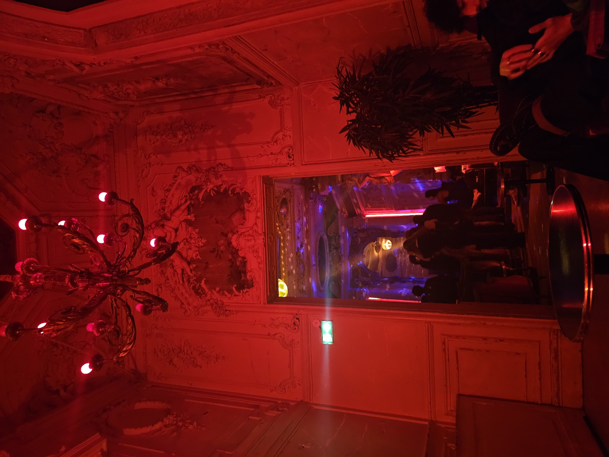The image captures the ambiance of a dimly lit interior space, likely a bar or lounge in Paris, France. The room is bathed in red light, which strongly influences the color perception of all elements.
A large chandelier with multiple illuminated bulbs hangs from the ceiling on the left, adding to the ornate décor. The walls are decorated with classical architectural elements and moldings, which have a textured and detailed design. In the upper center of the image, there's a person standing near a leafy plant or decoration. They appear to be holding something and interacting with someone or something off-frame.
A mirror or reflective surface is positioned on the wall in the center, and it reflects a distorted view of the surrounding environment, including what appears to be people within a different setting. Below the mirror, a small green light fixture is visible.
In the foreground on the right, a person is standing in close proximity to what might be a counter or service area. The overall setting suggests a lively, upscale Parisian venue with a historical architectural style, enhanced by modern lighting and design elements.