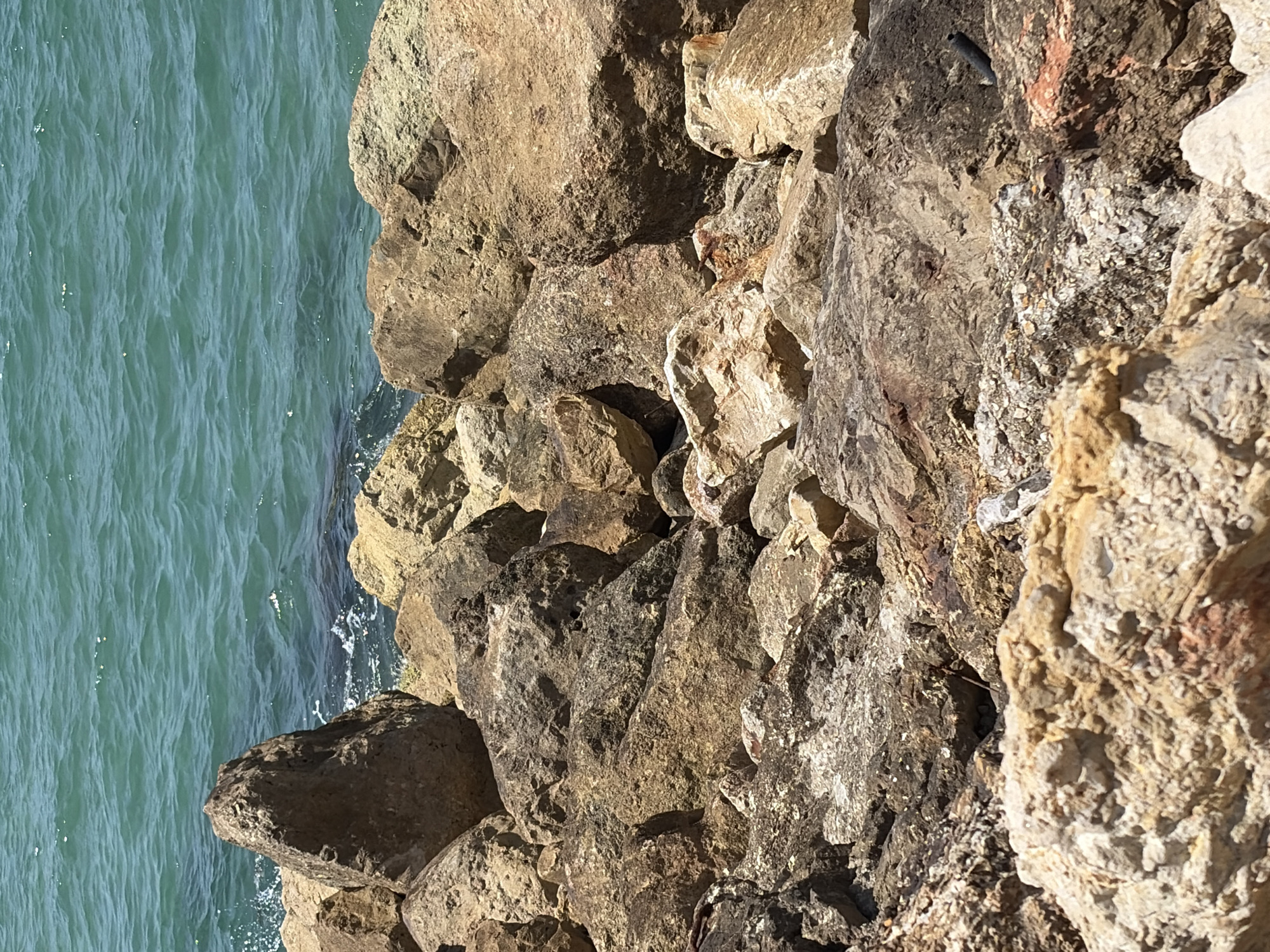 The image shows a rocky shoreline with the turquoise water of the Mediterranean Sea on the left. The rocks are various shades of brown and gray, with some reddish-brown areas. There are gaps and crevices between the rocks. The water is rippled and slightly foamy where it meets the rocks. The location is likely the coast of Tel Aviv, Israel.