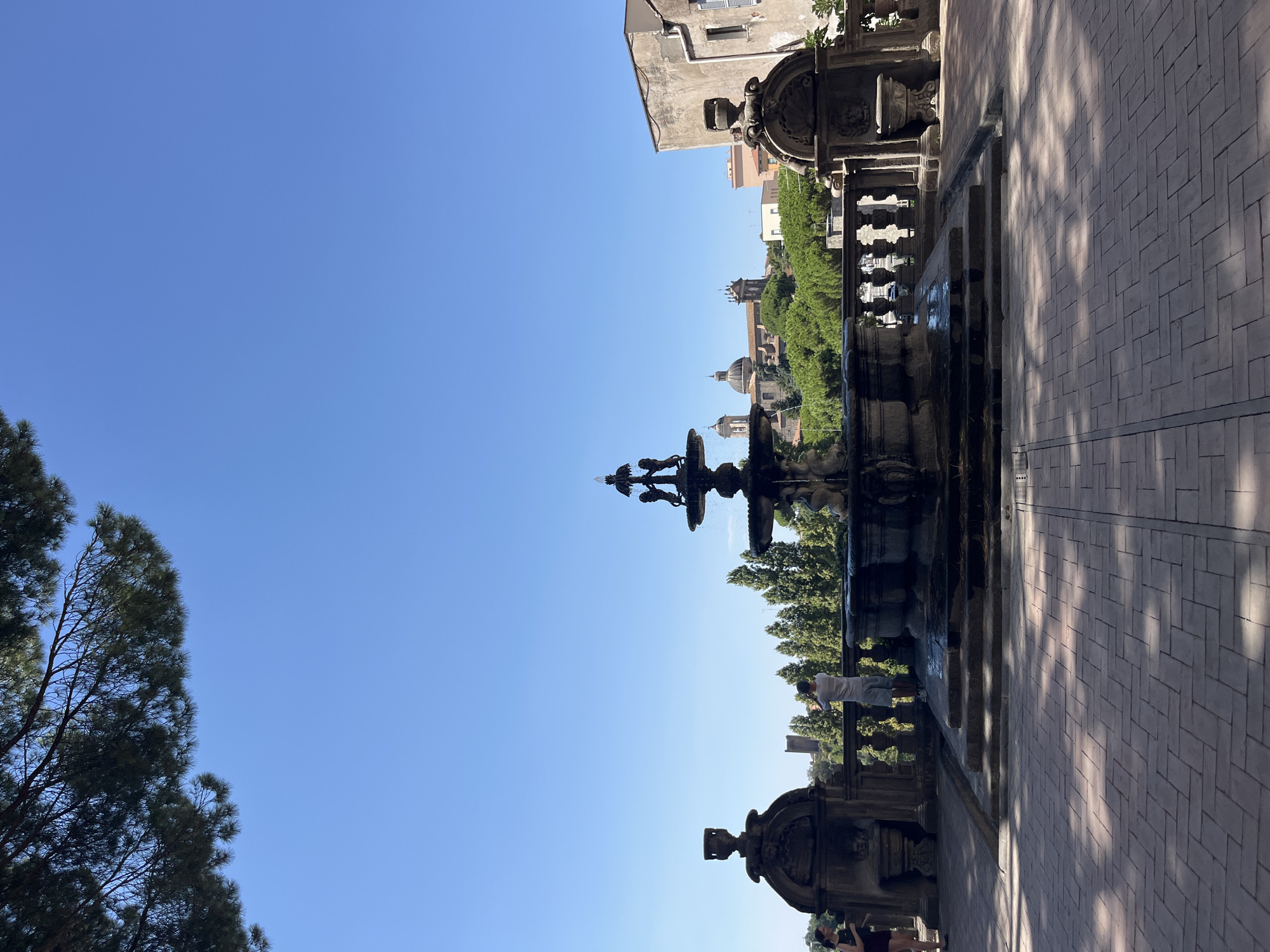 This is a photograph of a fountain and surrounding ornate stonework. The fountain is the central feature, a multi-tiered structure with sculpted figures and water flowing. Flanking the fountain are two large stone pedestals topped with urn-like structures, connected by a decorative stone balustrade. Beyond the balustrade, a verdant line of trees forms a backdrop, with a cluster of domed buildings and a tower visible in the distance. A paved area with a herringbone brick pattern occupies the foreground, with dappled sunlight casting shadows. Two individuals are present: one woman on the left side of the frame, and a man in the center, standing with his back to the camera and appearing to take a photograph. The overall impression is of a historic public space.
The location is Viterbo, Italy, specifically the Fontana di San Pellegrino, part of the Palazzo dei Priori.