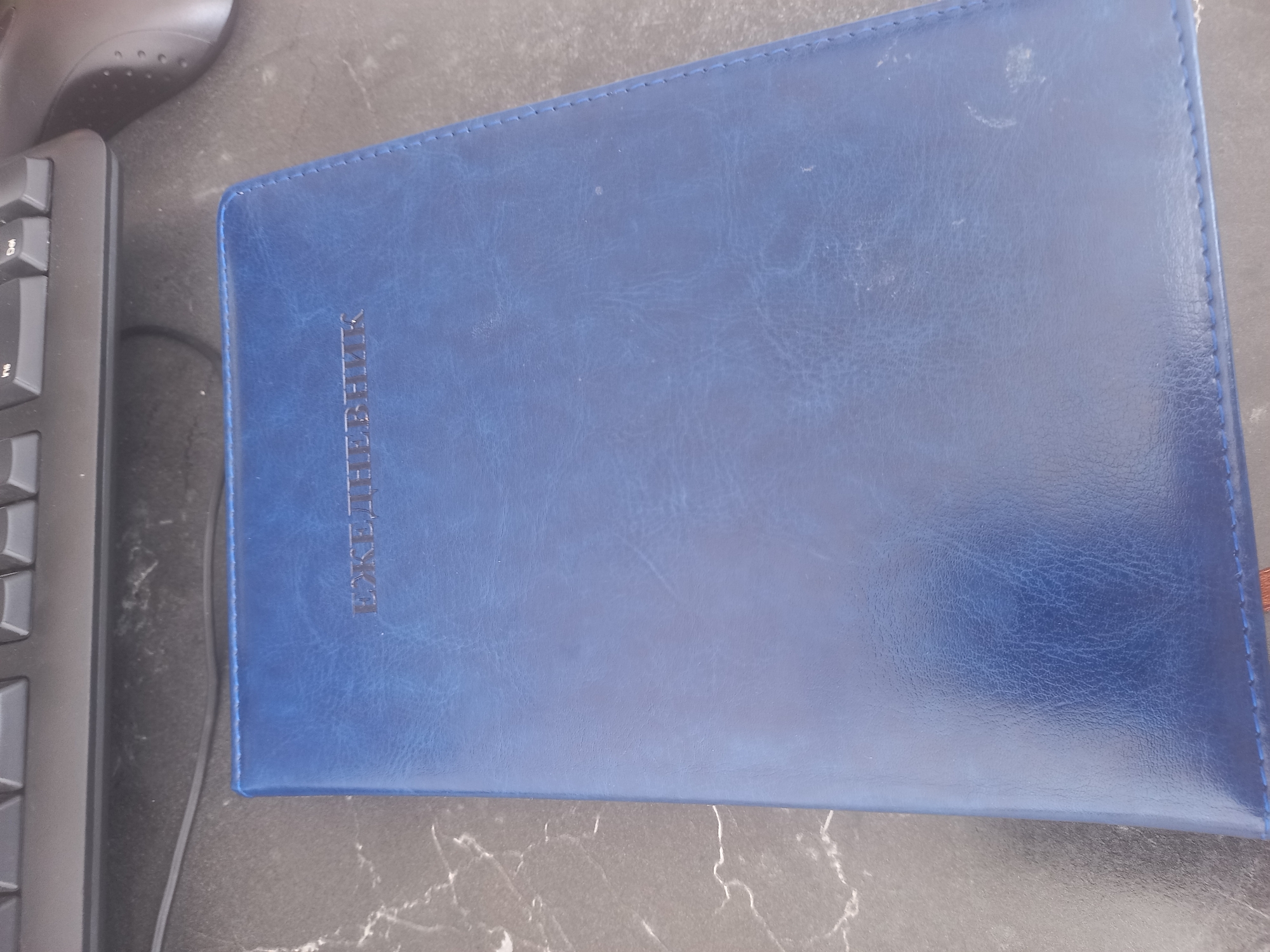 The image shows a blue leather-bound notebook with the Russian word "ЕЖЕДНЕВНИК" embossed on its cover, which translates to "Diary" or "Notebook." The notebook is lying on a dark, textured surface, possibly a desk, with a keyboard visible in the background. The lighting is dim, casting shadows and highlighting the texture of the notebook's cover. There are no people or animals in the image. The location of Şïeli, Kazakhstan is not discernable from the visual elements presented in the image.
