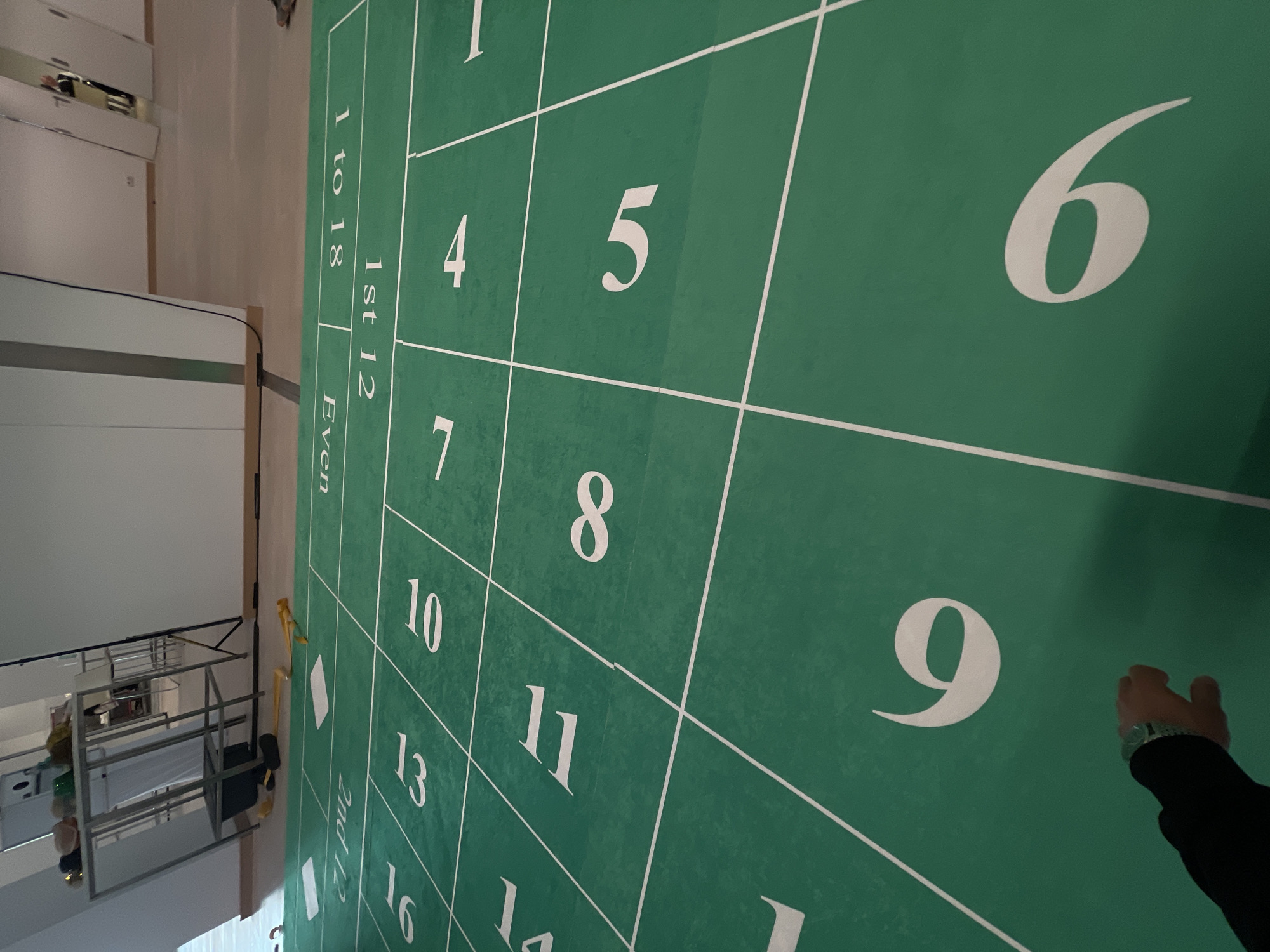 The image shows a portion of a roulette table, displaying the green betting surface with white painted numbers 1 through 16 and labels such as "1 to 18," "1st 12," "Even," and "2nd 12." A person's hand and forearm, clad in a black jacket, are visible near the number 9. The background includes what appears to be the interior of a building, with shelving units and other equipment visible in the left side of the frame.