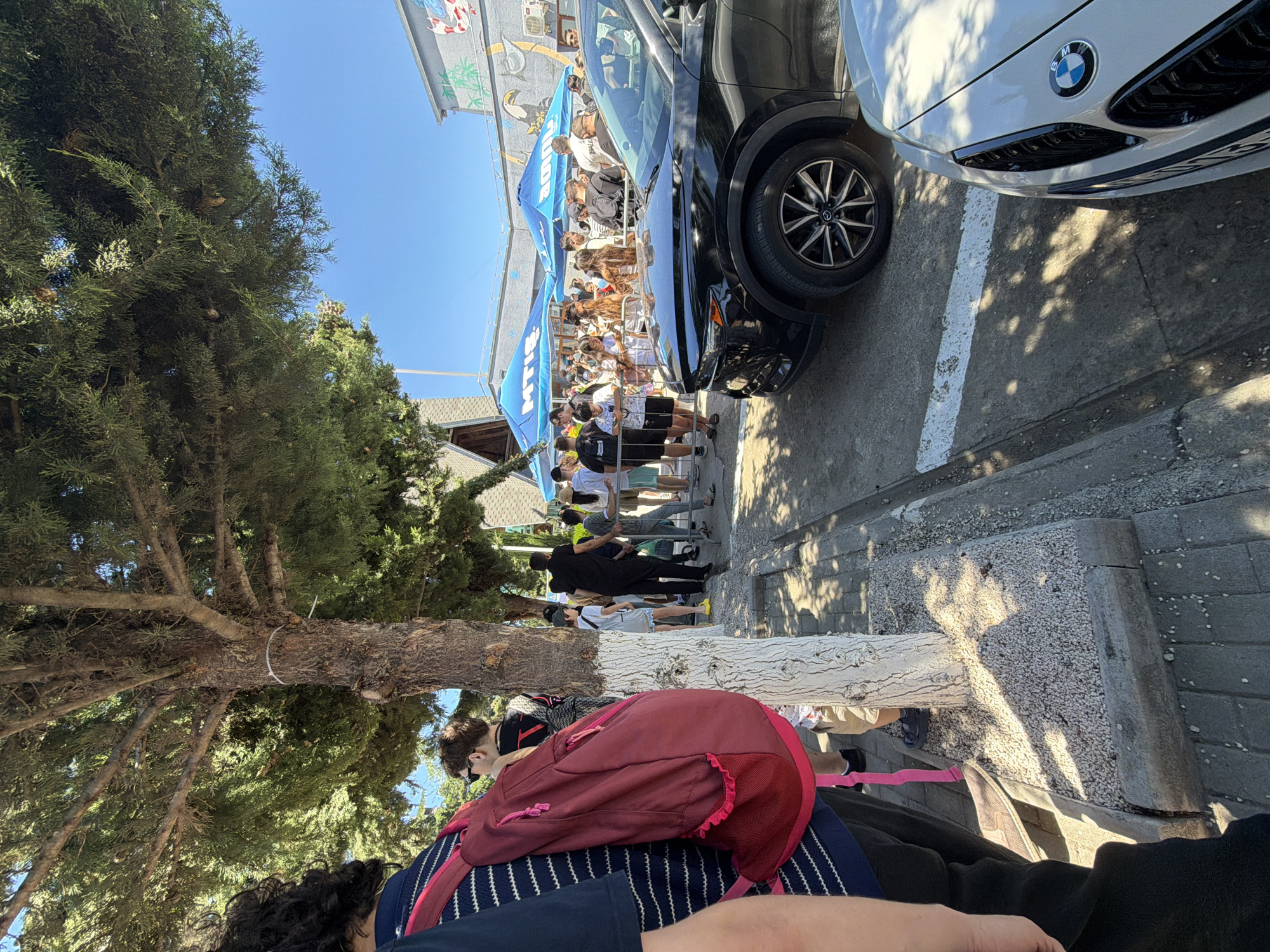 The image captures a street scene in what appears to be a commercial area on a sunny day. In the foreground, a person wearing a striped shirt and a red backpack is partially visible on the left. A tree with a white-painted trunk stands prominently in the middle ground, casting shadows on the pavement. Behind the tree, a crowd of people are gathered, suggesting an event or a queue. Two blue tents, possibly for vendors or an outdoor setup, are set up in the background. A black SUV is parked on the right side of the street, and the front of a white BMW is visible in the lower right corner. The buildings in the background feature murals. The overall atmosphere suggests an outdoor gathering or event.