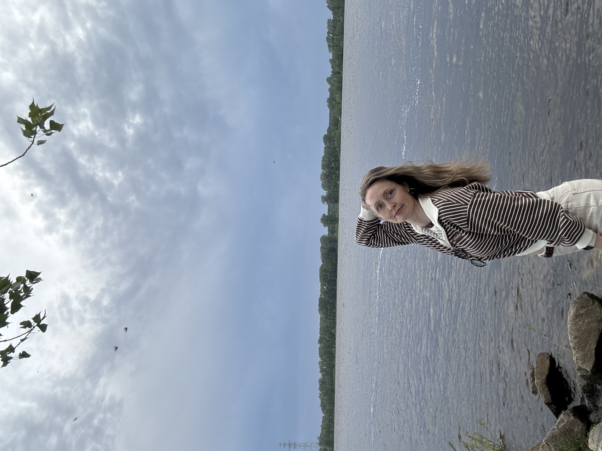 A woman stands on the shore of a body of water, likely a reservoir, at the city of Chaikovsky, Perm Krai, Russia. She is fair-skinned, with long, light brown hair, wearing a striped brown and white shirt and light-colored pants. She has one hand raised to her head. The water stretches to a treeline in the distance. To the left, the sky is overcast with clouds. A branch with leaves is visible in the top left corner. A power transmission tower stands in the distance to the left. Rocks and vegetation appear at the bottom right of the image, suggesting the shoreline.