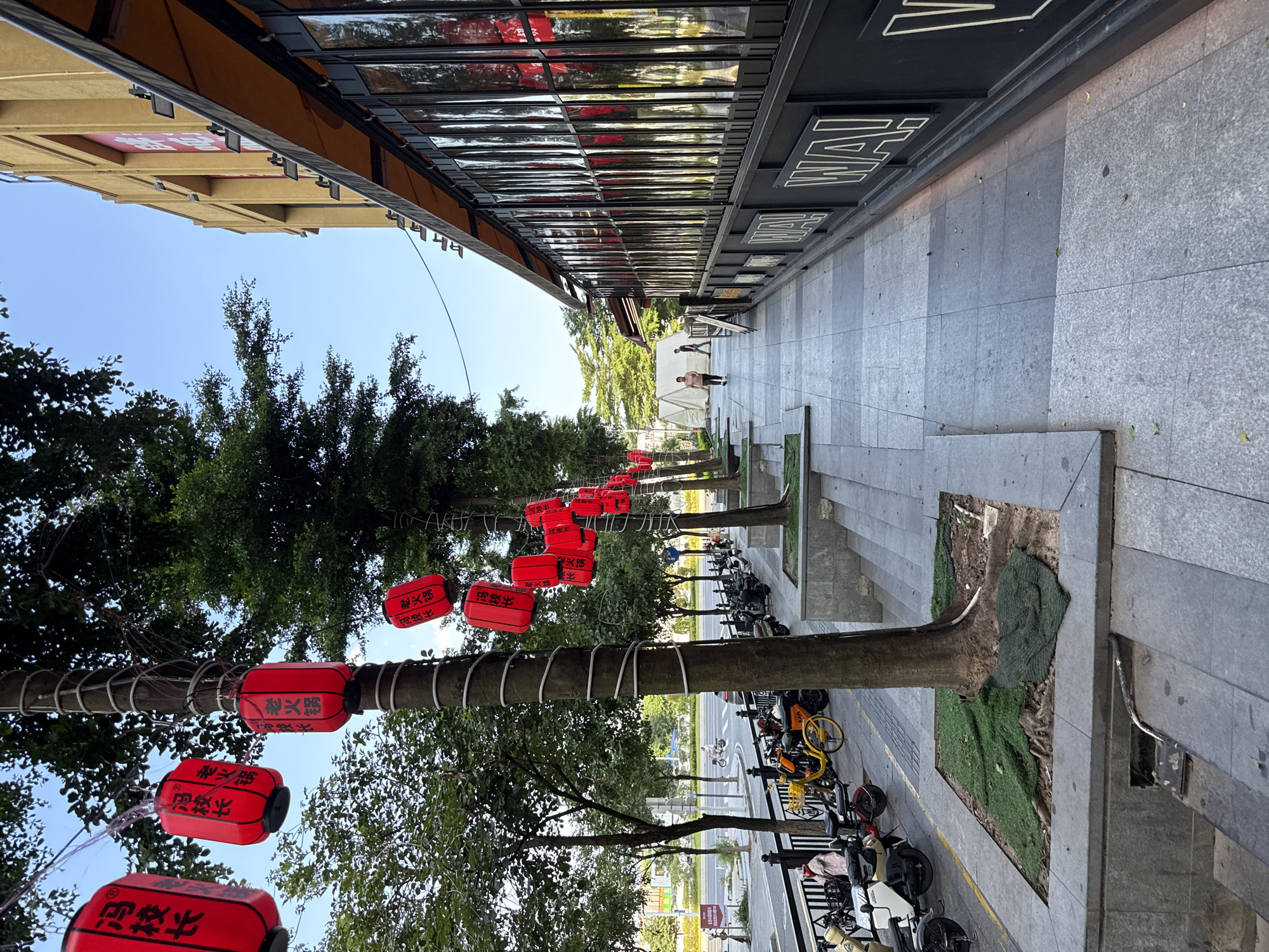 The image depicts a street scene in the Haizhu District, China, featuring a row of trees adorned with red lanterns along a sidewalk. To the right, a building with a yellow facade and large windows lines the street. Parked scooters and bicycles are visible on the sidewalk to the left, alongside a street with traffic in the background. Two individuals are walking along the sidewalk in the distance, and the sky is clear and blue.
