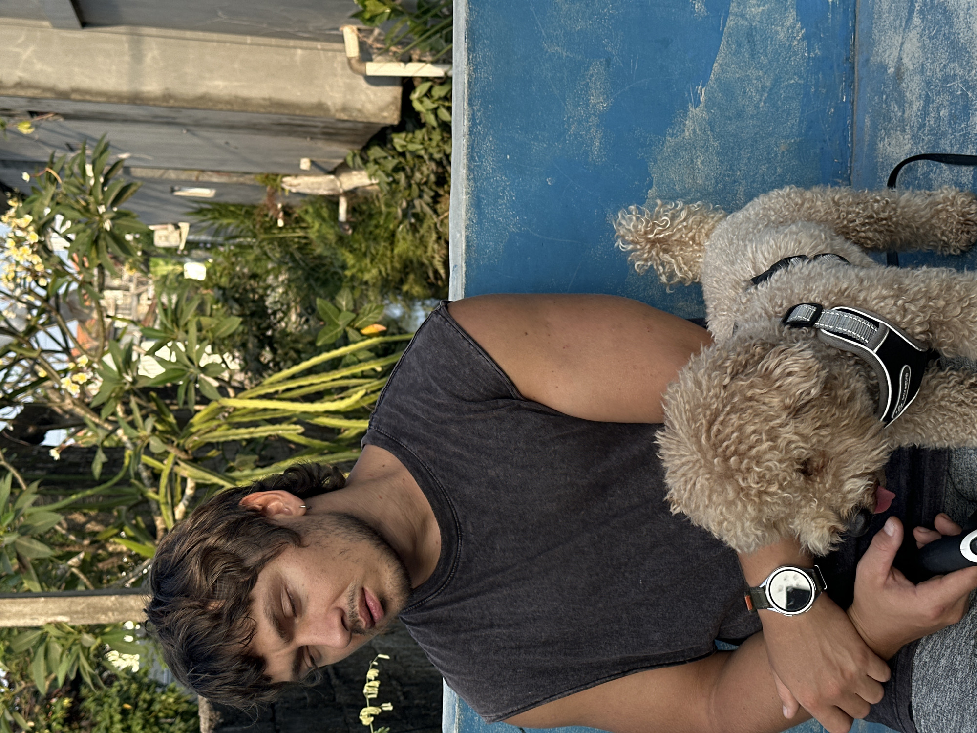 A young man with brown hair, wearing a dark gray sleeveless shirt and gray sweatpants, is sitting on a blue bench. He has his eyes closed and is looking down. A small, light brown poodle mix dog is standing next to him on the bench, wearing a black and gray harness. The dog's tail is curled upwards. The man has a watch on his left wrist. The background consists of lush green foliage and a gray concrete structure, suggesting an outdoor setting, possibly in North Kuta, Indonesia, given the tropical plants and architecture. The lighting indicates it is daytime, with the sun casting shadows.