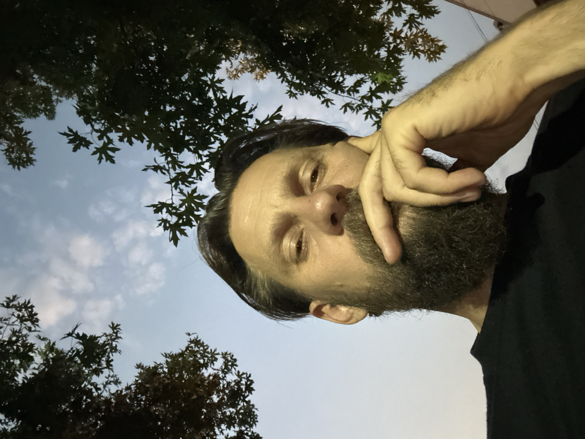An eye-level, medium shot captures a Caucasian man with dark hair and a beard, resting his chin on his hand. He is wearing a black t-shirt and appears to be outdoors, as evidenced by the presence of leafy trees framing the upper portion of the image and a dusky sky with scattered clouds in the background. The man's gaze is directed towards the camera, and his expression is contemplative. The scene is likely set in the city of Fethiye, Turkey, given the Mediterranean foliage visible.