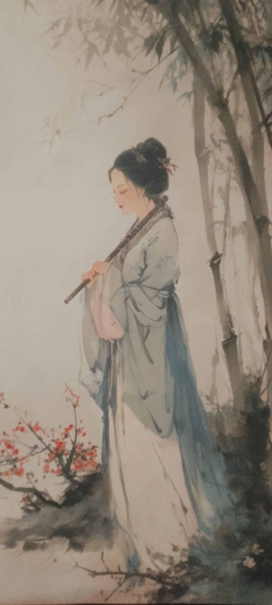 This is a watercolor painting depicting a traditional East Asian scene. A young woman with her hair styled in a bun and adorned with a red accessory stands in profile, looking downwards. She is wearing a pale blue and white flowing robe and is holding a dark-colored flute across her chest. Her left hand is positioned on the flute. To the left of the woman, there is a sprig of branches with small red blossoms. In the background, there are tall, thin bamboo stalks with visible leaves. The painting style is delicate and ethereal, with soft washes of color. The background is a light, hazy tone, suggesting a natural outdoor setting.
This image is not related to the city of Абалак, Russia, as the subject matter and artistic style are distinctly East Asian, not Russian.