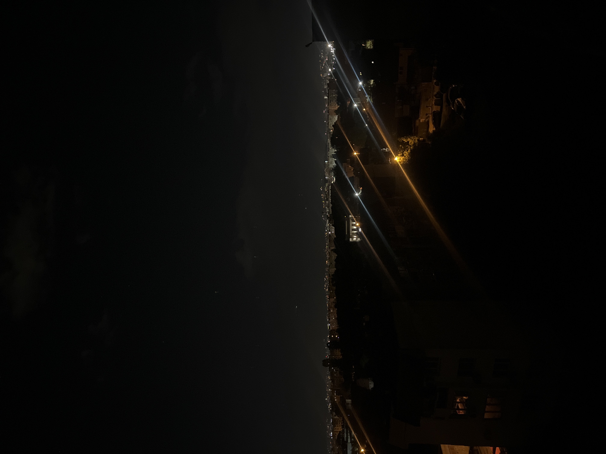 The image shows a nighttime view of a city, likely taken from an elevated position such as a high-rise building. The right side of the image has the foreground details of some buildings, some of which are lit up. Streetlights line a road and the buildings are illuminated. The left side is mostly dark, but a string of lights can be seen, possibly from buildings along the coast. The sky is dark with a few visible stars.
Without additional context or landmarks, it's difficult to definitively identify the location as Sofia, Bulgaria.