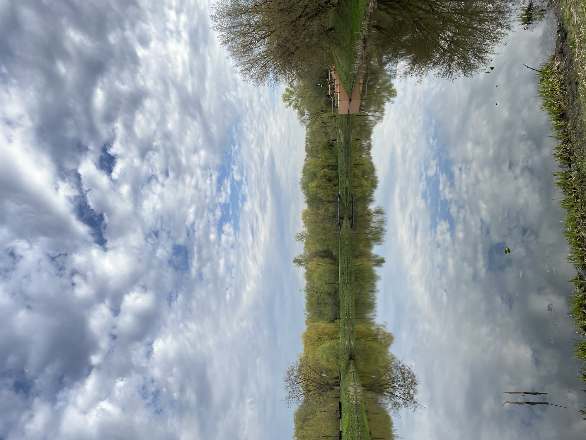 The image shows a reflection in water of a landscape scene. The reflection is nearly symmetrical. On one side of the reflection is a sky with clouds and patches of blue. On the other side is a bank of trees, grass, and a small wooden structure. The location is unknown and cannot be definitively determined.