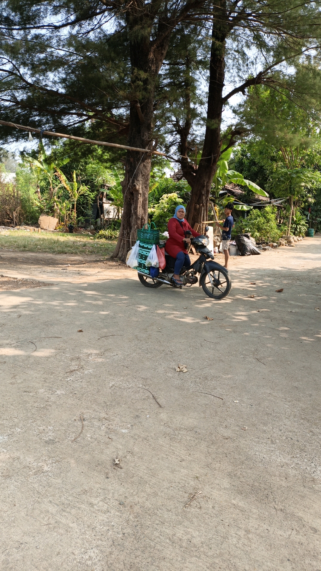 A woman wearing a blue hijab and a red shirt is sitting on a black motorcycle, looking towards the right. She is wearing blue pants and sandals. The motorcycle is carrying a green basket on the back, filled with items, and two white plastic bags are also hanging from the back, containing what appear to be groceries. In the background, a young man in a blue t-shirt and shorts is standing and looking towards the motorcycle. The scene is set outdoors, with large trees with pine needles in the foreground, and lush green vegetation and some structures in the background. The ground is a dirt or gravel surface. This image was taken in Cikal, Indonesia.