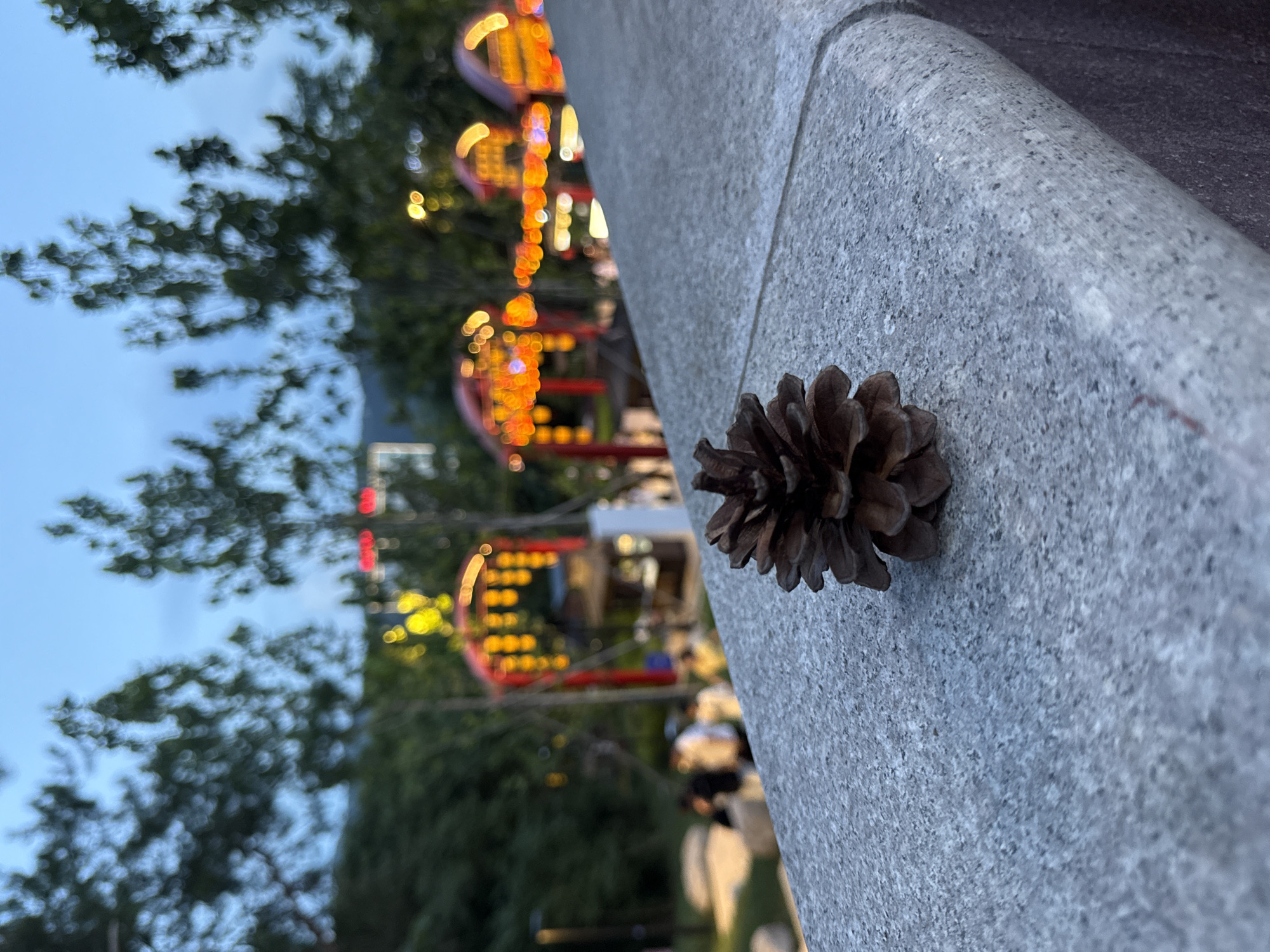 A single pine cone rests on a grey stone railing in the foreground of the image. In the background, a park area is visible with blurred trees and illuminated structures, likely stalls or decorative archways, adorned with orange lights. The sky is a dusky blue, suggesting it is evening. The location is the Yiwu Forest Park, a popular urban green space in Yiwu, China. Several indistinct figures of people can be seen in the background, some walking and others appearing to be seated.