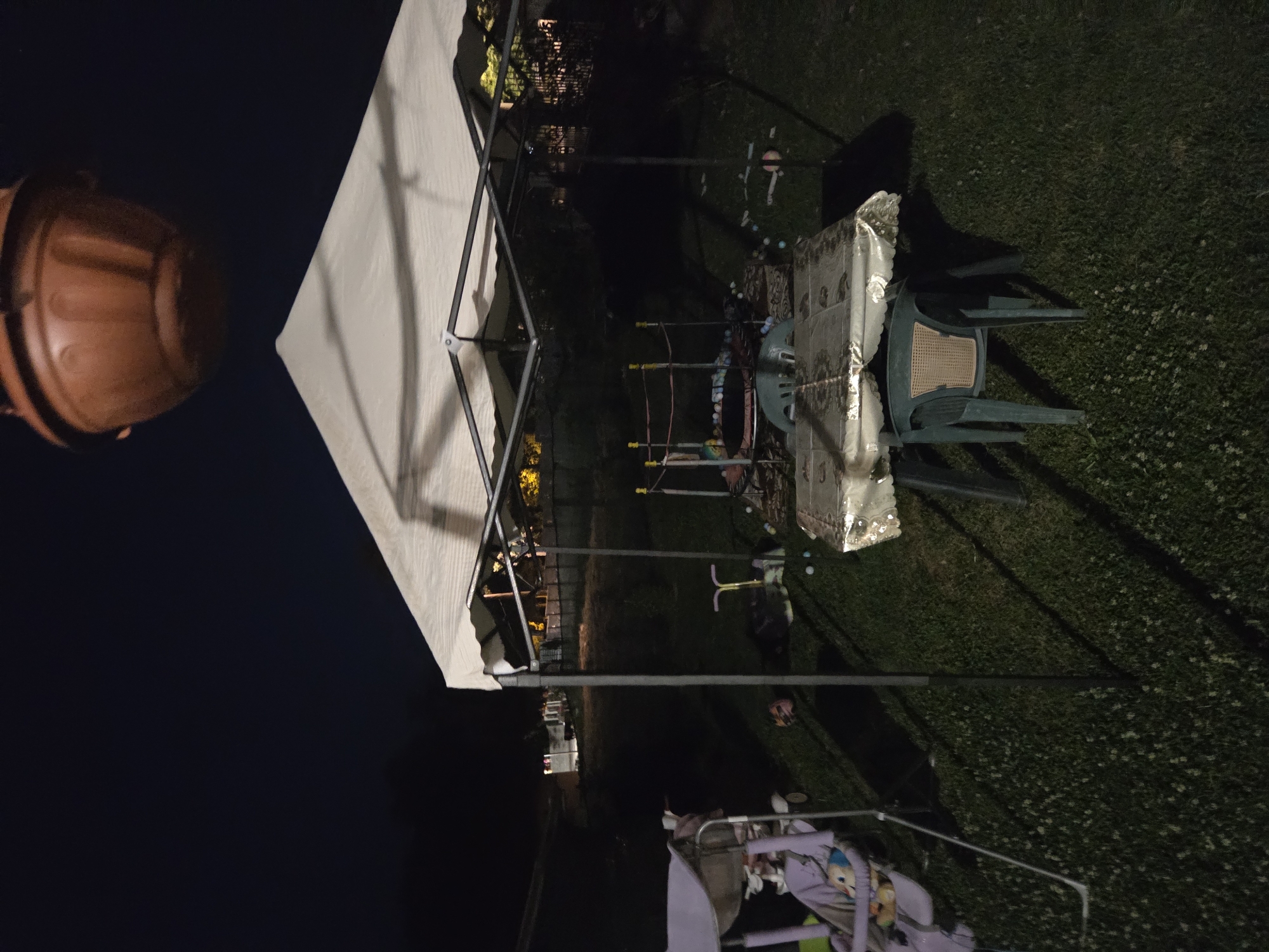 The image depicts an outdoor scene at night, possibly in a backyard. A white canopy tent is set up, covering a table with a decorative tablecloth and several chairs. To the left, a child's swing set with a purple seat is visible. In the background, there are dimly lit structures and trees. The ground is covered with grass. A brown, hanging planter is suspended in the upper part of the frame. The scene appears to be in Todor Ikonomovo, Bulgaria, based on the prompt's context.