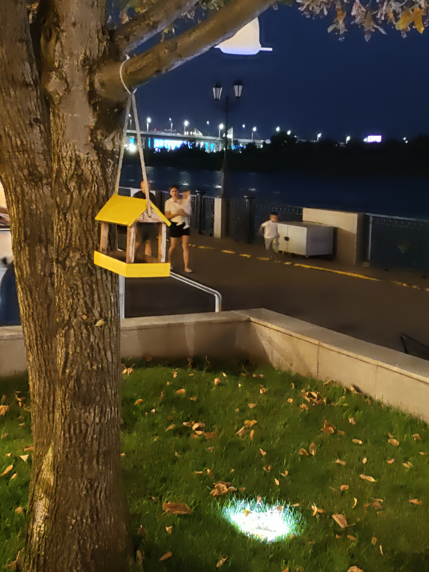 The image captures a night scene in Rostov-on-Don, Russia. In the foreground, a large tree trunk with rough bark stands to the left, with a yellow bird feeder hanging from a branch by rope. The bird feeder is a small, house-shaped structure with a pointed roof. The ground in front of the tree is covered in green grass and scattered fallen autumn leaves, with a bright light illuminating a small patch of grass.
In the middle ground, a waterfront promenade is visible. A body of water, likely the Don River, is to the right of the promenade. A low wall separates the grass from the paved area. On the promenade, two adults and a child are walking. One adult, a woman, is holding a baby or small child. Further down the promenade, another child is running. There are streetlights and buildings in the background, with a bridge lit up in the distance, suggesting the scene is in a city. The overall lighting indicates it is nighttime, with artificial lights illuminating the area.
