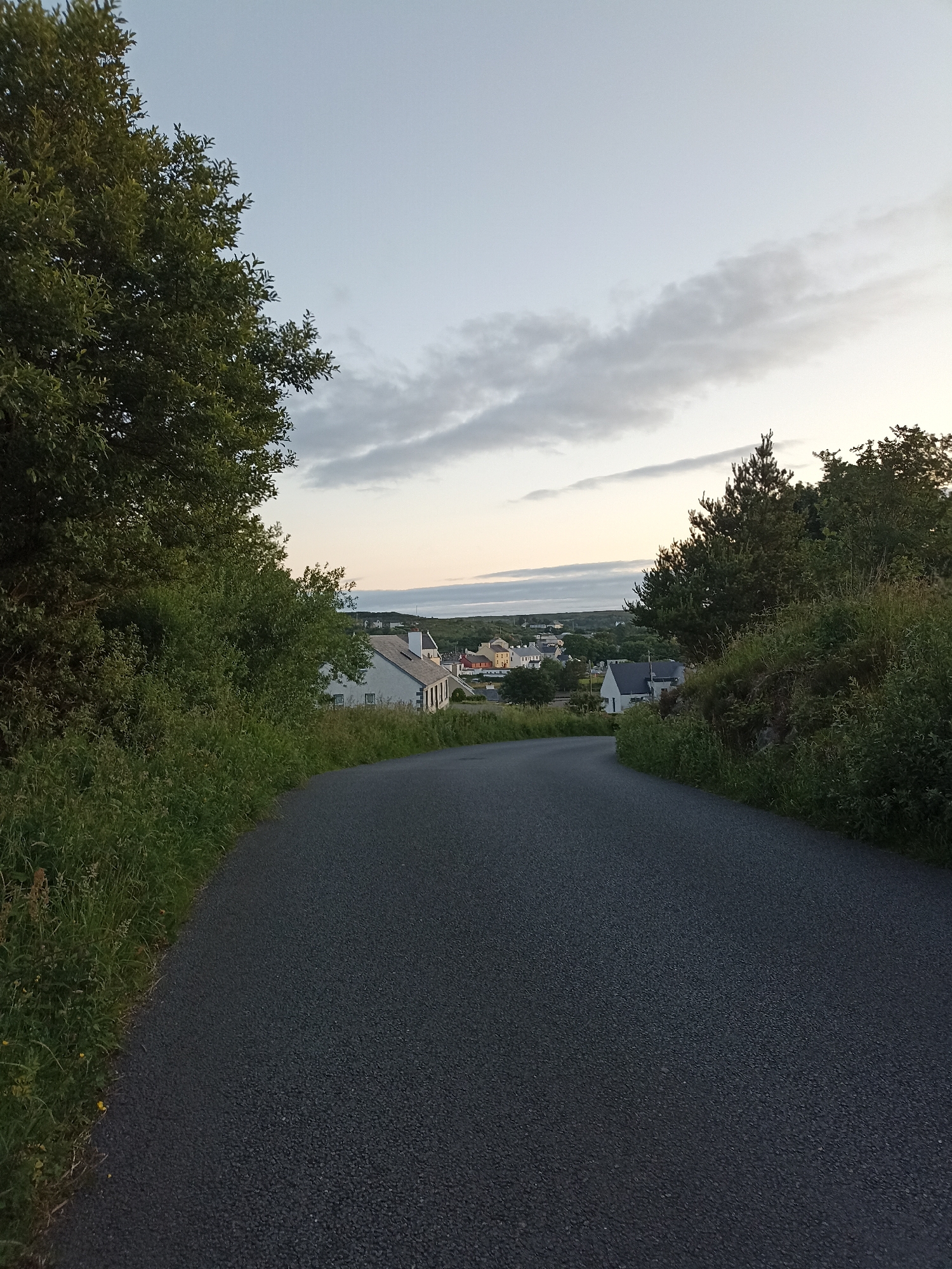 The image depicts a paved road curving uphill, bordered by dense green foliage and trees on either side. In the distance, a small village with colorful houses is visible, situated against a backdrop of a pale sky with scattered clouds. The overall atmosphere suggests an evening setting. The scene is located in Annagry East, Ireland. There are no people visible in the image. The environment is natural, with vegetation dominating the foreground and midground, and the village providing a human element in the background. The road is the primary subject in the foreground, leading the viewer's eye towards the village. The lighting is soft, consistent with twilight.