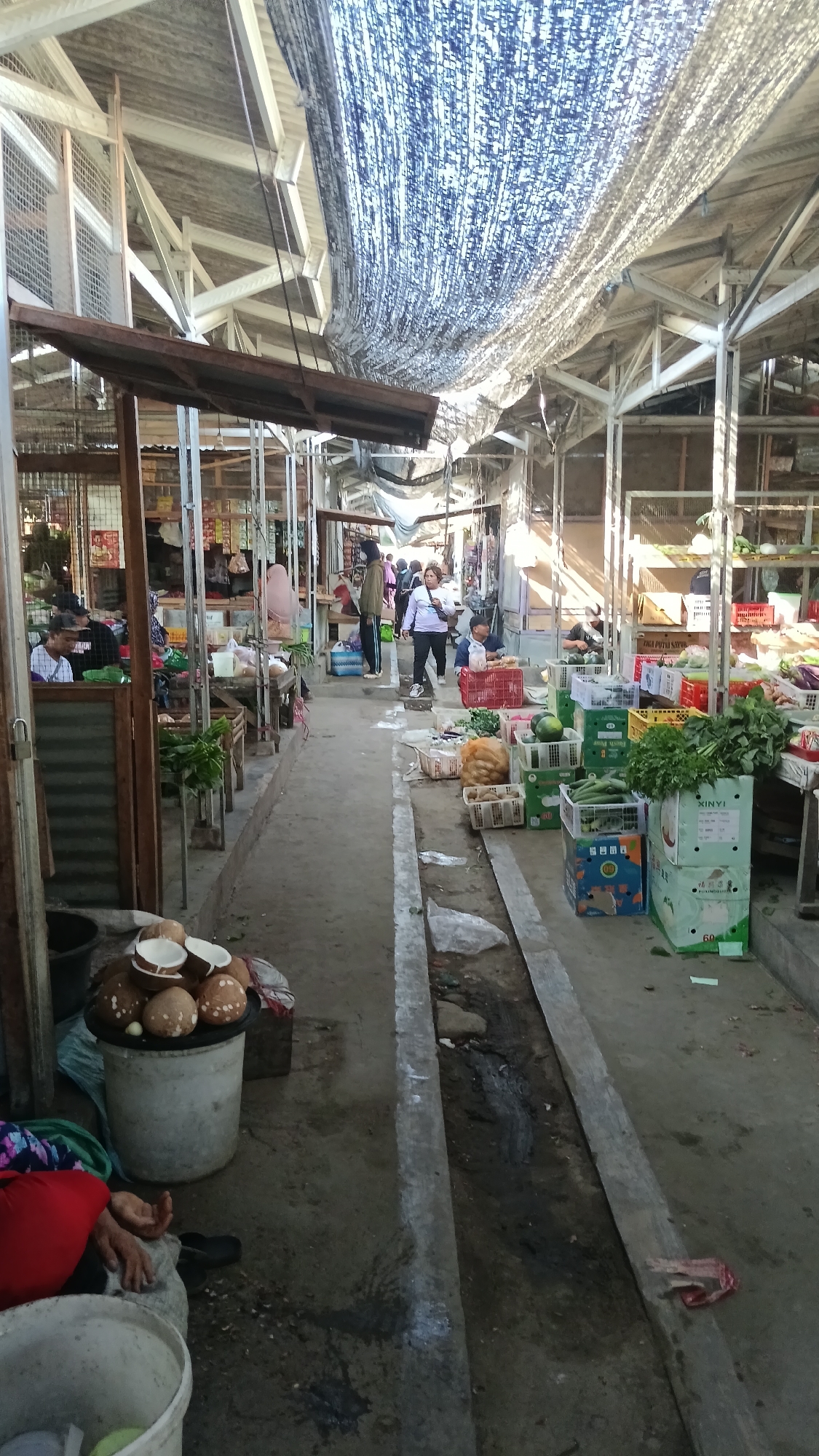 The image shows an outdoor market, likely a traditional one, possibly in Dukuh, Indonesia. The market is covered by a woven shade cloth suspended from a metal frame, creating dappled light. Stalls are set up along a central pathway, with vendors and customers present.
In the foreground, to the left, a large white bucket is filled with coconuts, some of which are halved. Next to it, a person is partially visible, wearing a red garment and sitting on the ground. There's another white bucket to the bottom left.
The central pathway of the market is visible, with concrete drains running along its sides. Several stalls are lined up, displaying a variety of produce, including vegetables like leafy greens and what appear to be potatoes or other root vegetables. Various crates and baskets are used to organize the goods. People are seen walking and interacting within the market space.
Further down the market aisle, more stalls are visible, with people browsing and making purchases. The overall environment appears busy and functional, typical of a local market setting. The structures are rustic, with visible metal supports and wooden elements. The ground is concrete, showing signs of wear and tear, with some debris and water present in the drains. The atmosphere suggests a lively trading environment under a protective canopy.