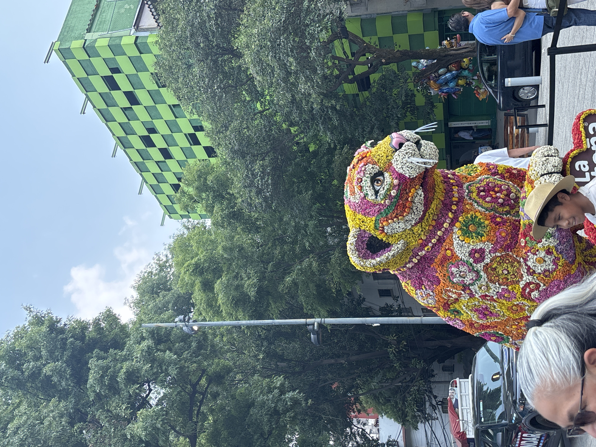 The image depicts a parade float in Mexico City, Mexico. The float is shaped like a jaguar and decorated with colorful flowers. It has a person sitting on its back wearing a hat. A green building with a checkered facade is visible in the background, along with trees and people. The street is paved. The photograph appears to be taken at eye level, capturing the colorful float and the surrounding urban environment.