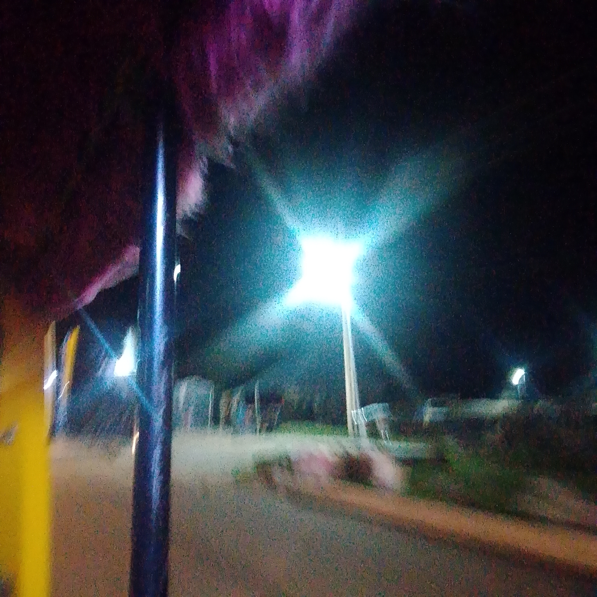 The image depicts a night scene, possibly from a moving vehicle, showing a bright, star-shaped light source in the distance. The foreground is dominated by a dark, blurry vertical pole, likely a part of the vehicle or its structure, with some indistinct colored areas, possibly reflections or fabric, in the upper left. The ground appears to be a sandy or dirt surface, with some vegetation and structures visible in the mid-ground, all rendered in a blurry, impressionistic manner due to low light and motion. The overall impression is of an outdoor, possibly semi-rural or suburban environment at night, with artificial lighting being the primary source of illumination. The image does not contain enough specific visual cues to definitively place it in Jalingo, Nigeria, or any other specific location.