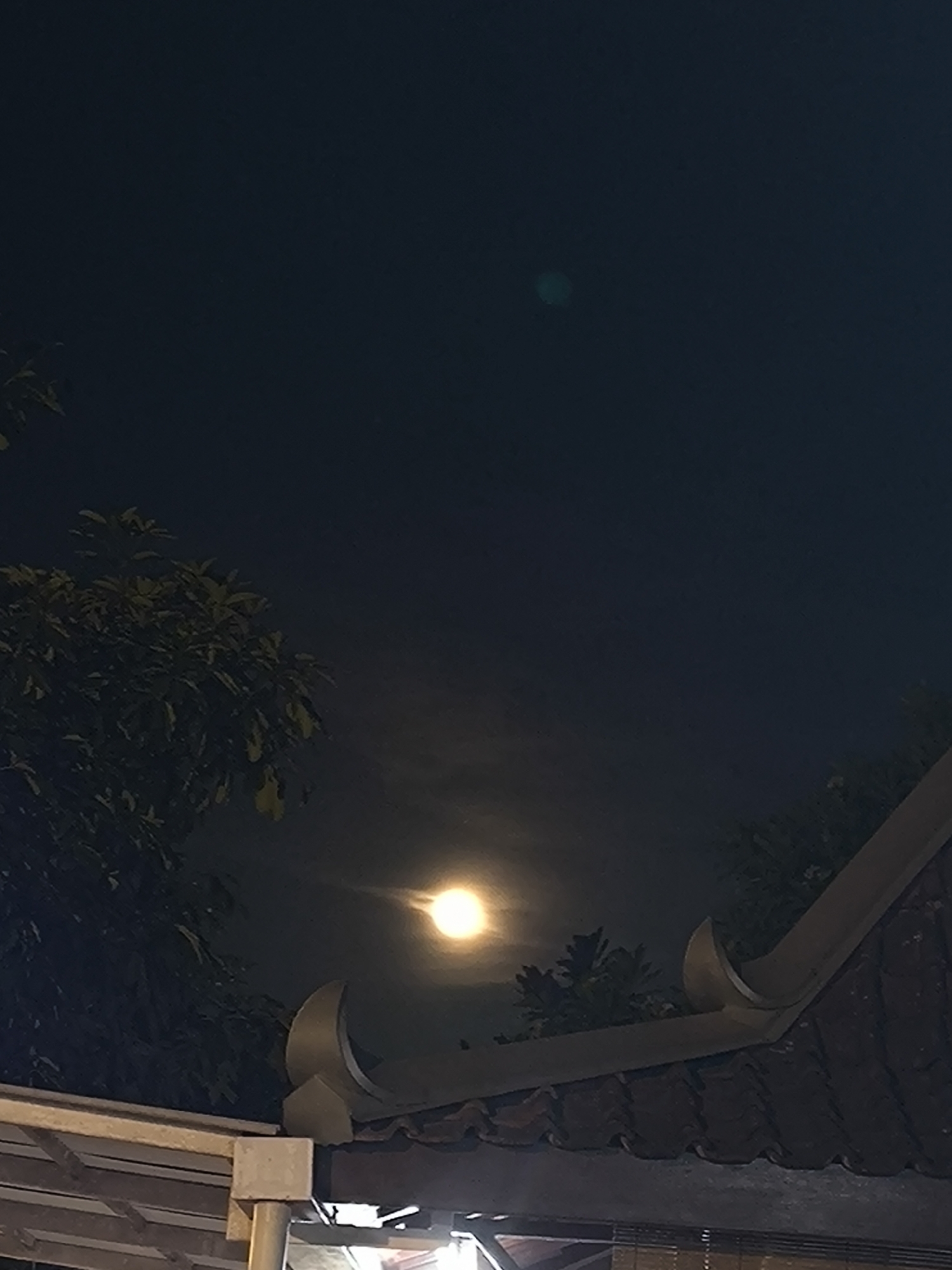 A nighttime outdoor scene shows a brightly lit full moon in a dark sky, partially obscured by some tree foliage on the left. In the foreground, the curved, tiled roof of a building is visible, with some structural elements below it. A faint green light is also present in the upper portion of the sky, to the right of the moon. The overall impression is of a serene, nocturnal landscape, likely in a residential or natural setting.