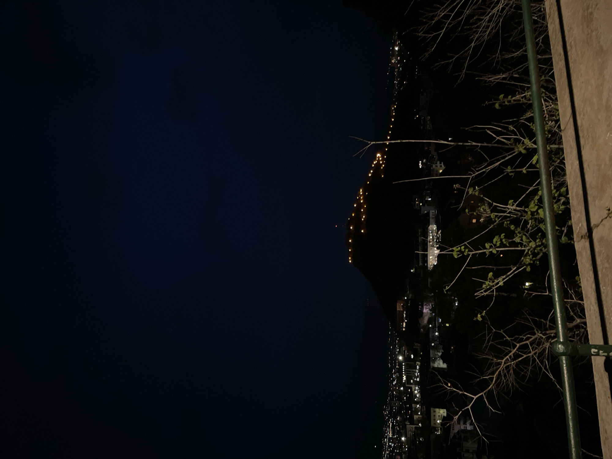 The image depicts a night view of Plovdiv, Bulgaria, from a high vantage point. The sky is dark, with a slight gradient towards the horizon. The city below is illuminated by numerous lights, marking streets and buildings. A mountain or hill with lights ascending is visible, possibly marking a road or trail. In the foreground, a concrete structure with a green metal railing is visible. Bare tree branches and some with green leaves are in the frame.
