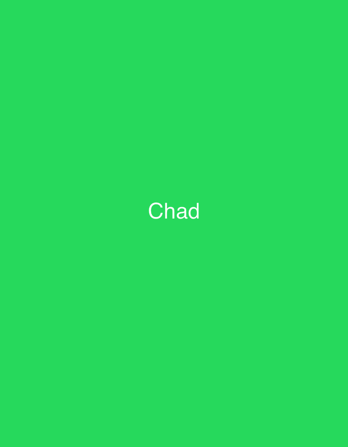 The image is a full-frame, solid bright green background. Centered in the image, the word "Chad" is displayed in white, sans-serif text. There are no other objects, people, or discernible environmental features present. The image does not contain any information that can be used to determine its location within Shumen, Bulgaria, or any other city.