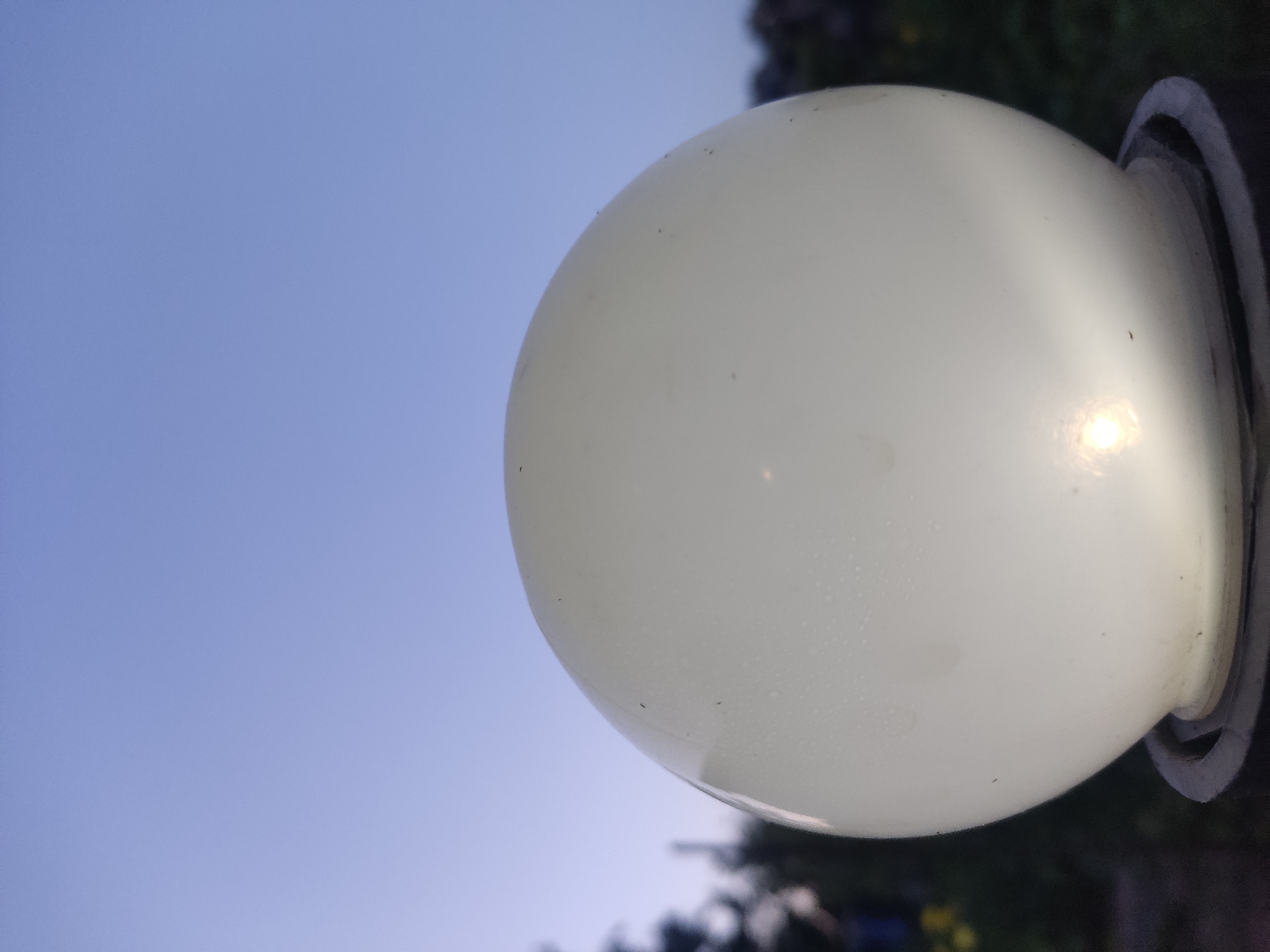 This is a close-up, vertical, outdoor photograph taken in Radisne, Ukraine, featuring a white, spherical light fixture in the foreground. The light fixture is positioned on a dark, circular base, and a bright, concentrated light source is visible within its lower section, causing it to glow. The surface of the light fixture appears slightly textured with small water droplets and several tiny dark specks, possibly dirt or insects. In the background, out of focus, are dark green foliage and trees, with hints of yellow and blue possibly indicating flowers or distant structures. The sky above is a clear, soft blue, transitioning to a lighter hue at the horizon, suggesting either early morning or late evening twilight. No people or animals are visible in the frame.