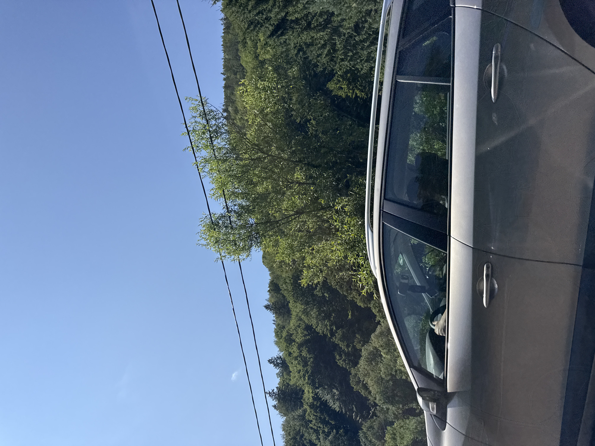 The image shows a side view of a gray station wagon with a hand on the steering wheel, implying someone is driving. The car is positioned in front of a lush, green hillside covered in trees. The sky is clear blue with two power lines stretching across the upper portion of the frame. The scene is likely outdoors in a rural or suburban area, given the natural backdrop. The specific location of Oituz, Romania, cannot be confirmed from the visual information alone.