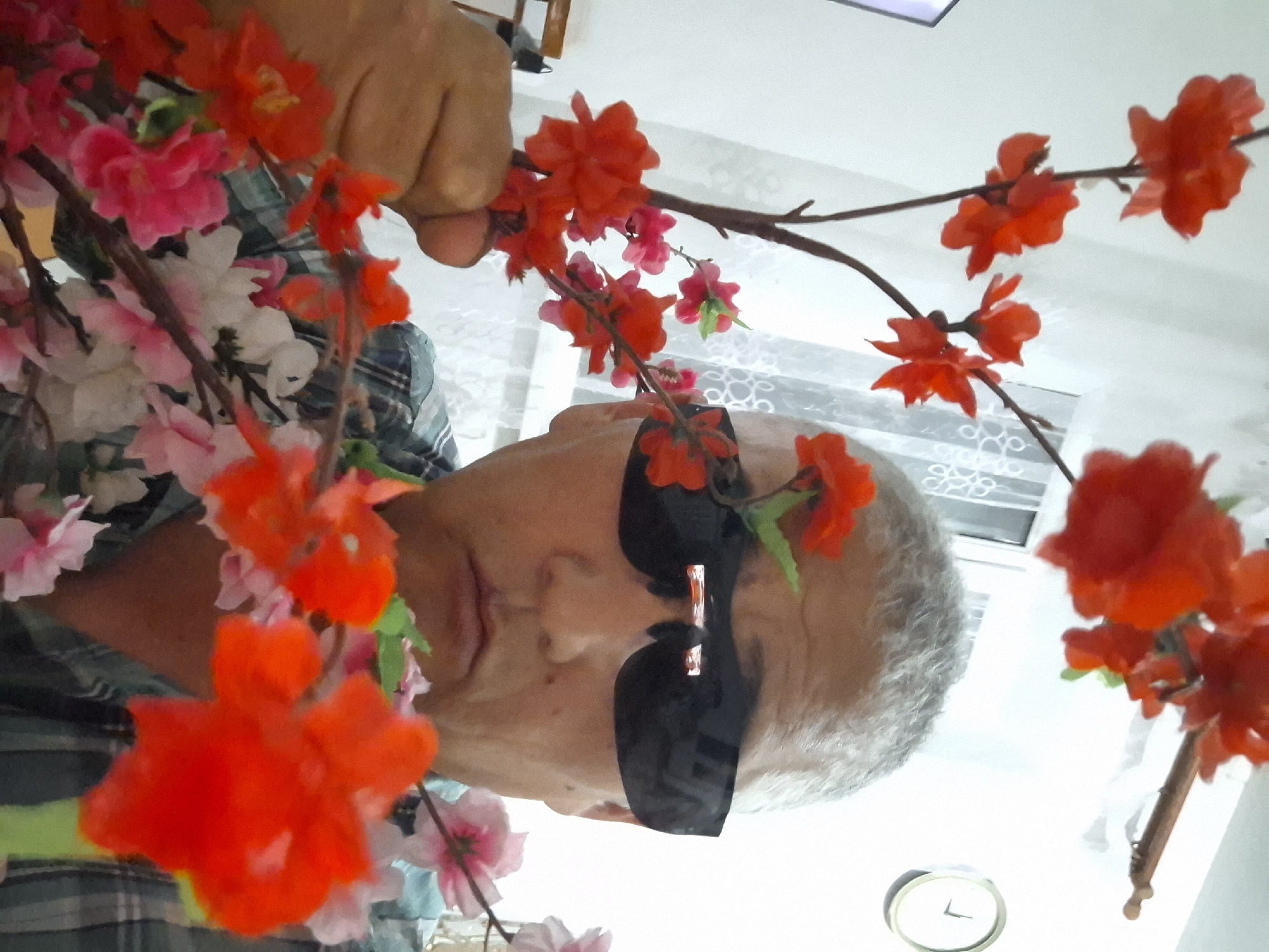 A medium shot captures an individual from the chest up, holding a branch of artificial flowers, primarily red and pink, in front of their face. The person is wearing dark-rimmed sunglasses that reflect the surrounding artificial flowers. They have short, graying hair and are wearing a plaid shirt. The background is a slightly out-of-focus interior scene, featuring a window with white lace curtains and a circular clock on a white wall. The overall impression is a selfie-style photograph taken indoors, possibly in a residential setting in Almaty, Kazakhstan.