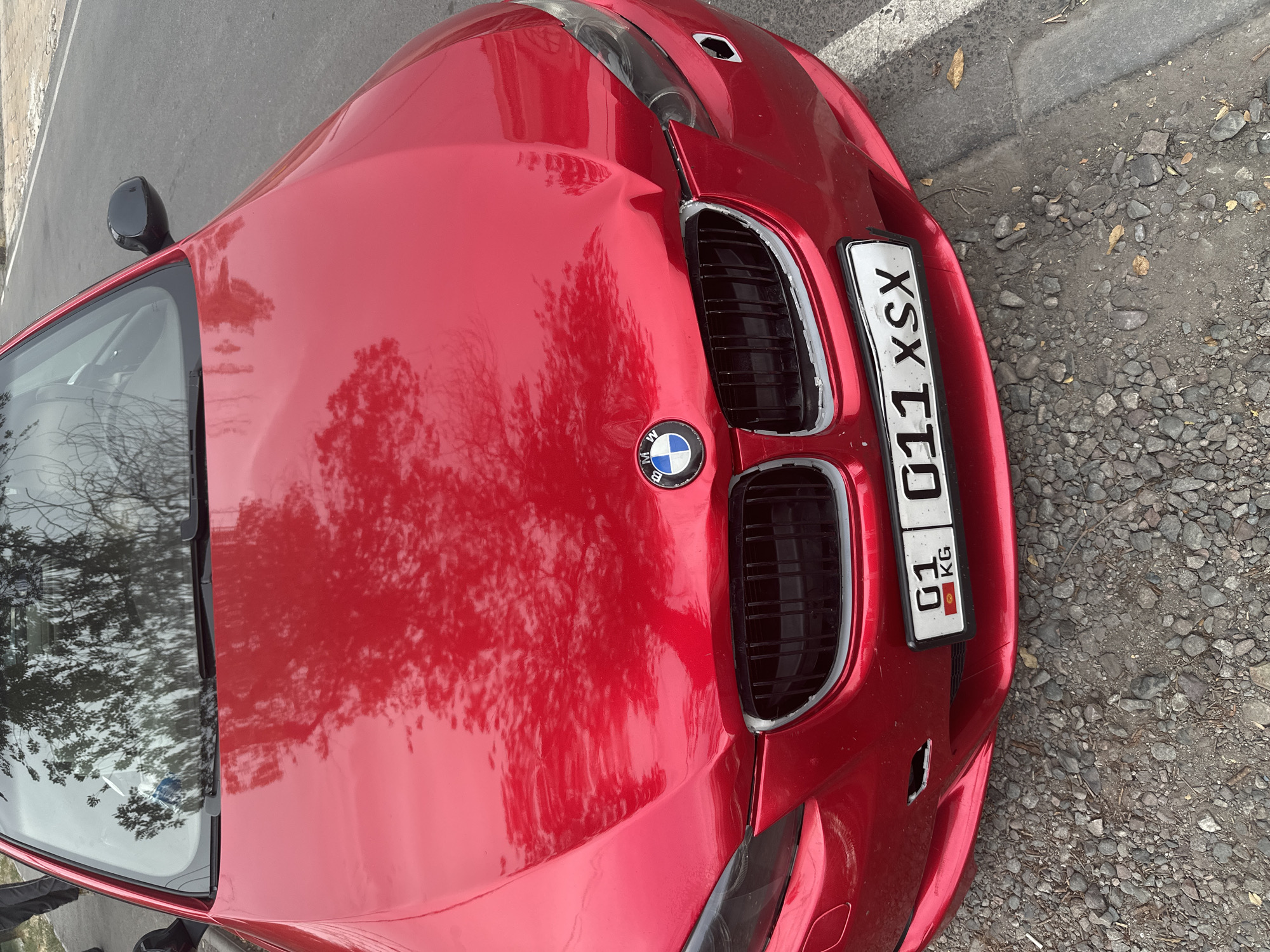 This is a close-up, eye-level, outdoor, daytime, medium shot of the front of a red BMW sedan, parked on a gravel shoulder next to a paved road in Bishkek, Kyrgyzstan. The car has a dented hood, and the front bumper has minor damage near the license plate holder on the driver's side. The license plate, which is white with black lettering and a red and yellow Kyrgyz emblem, reads "01 011 XSX KG". The car's grille is visible, as are its headlights and a portion of the windshield. Trees are reflected in the car's hood and windshield. The environment appears to be urban or suburban, with a paved road and a gravel area. No people are visible in the image.