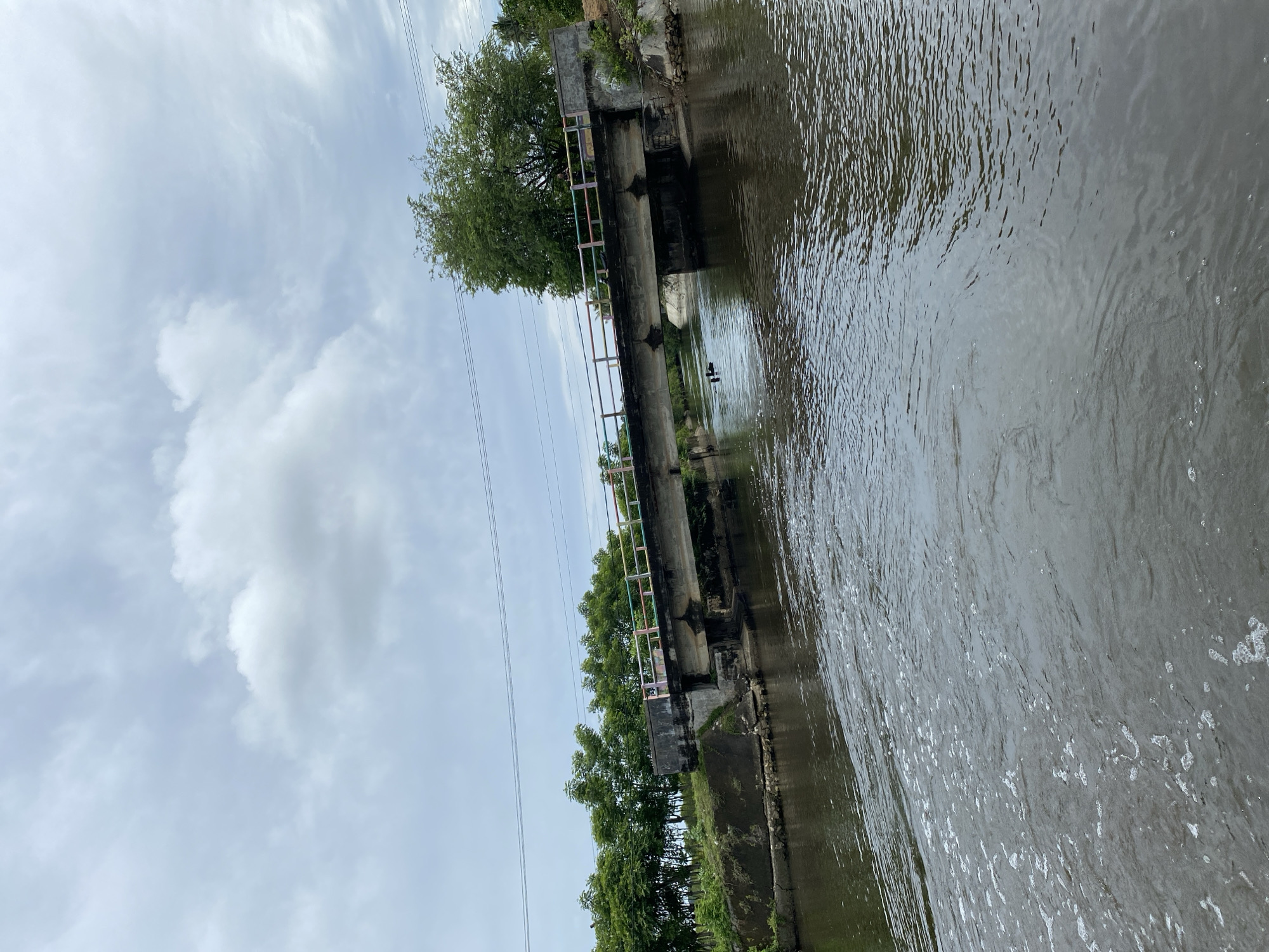 A concrete bridge spans a dark, rippling river in Aneuk Paya, Indonesia. The bridge has a multi-colored railing and is supported by a central concrete pier. On the river, two dark objects, possibly ducks, are visible near the pier. Lush green trees line the banks of the river, with a large, leafy tree on the right side of the bridge and a line of trees on the left. The sky is overcast with grey clouds. In the foreground, the water is choppy and shows signs of movement.
