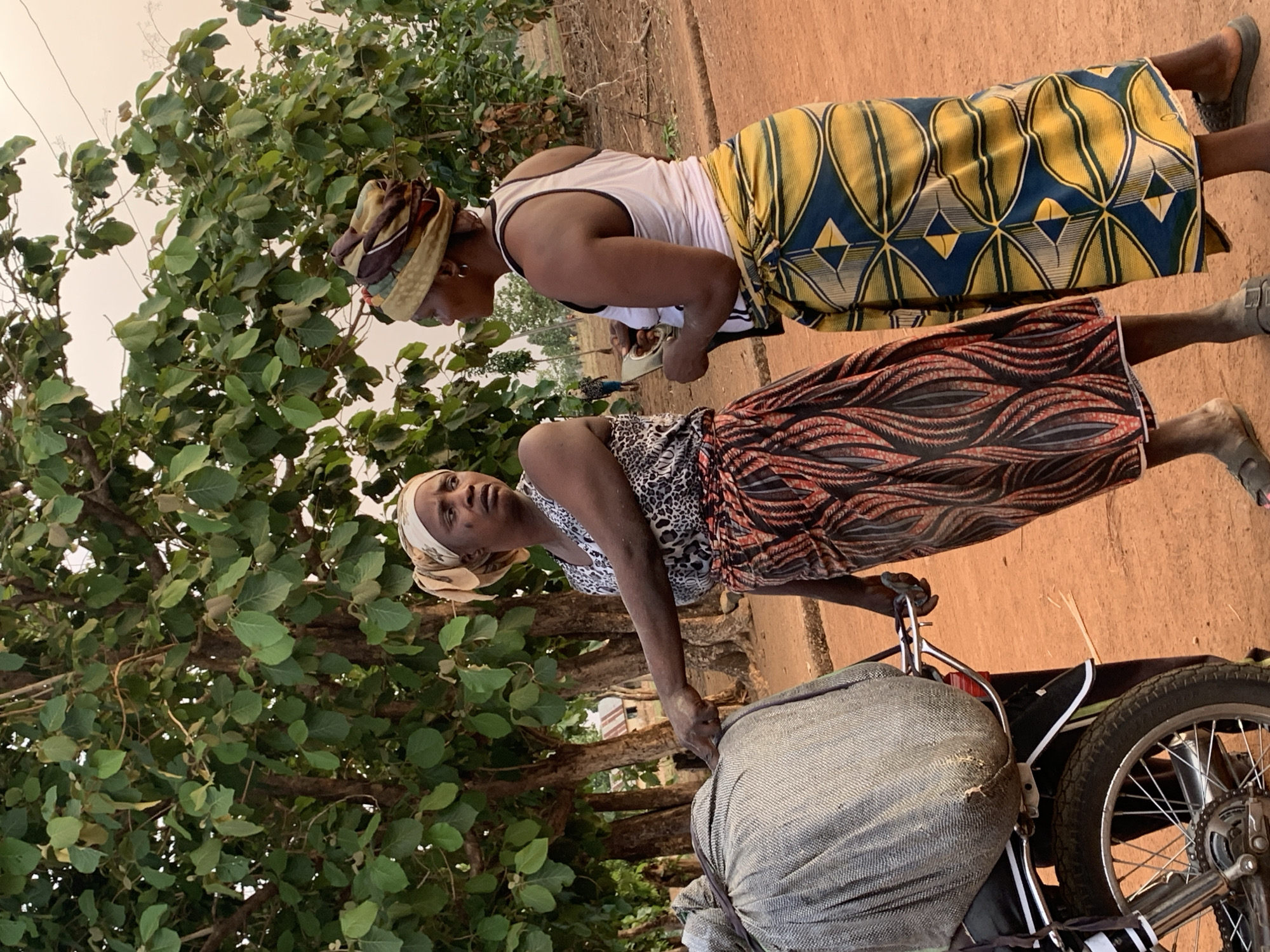 Two African women stand on a dirt road next to a tree and a bicycle in Agban, Nigeria. One woman wears a leopard-print top with an orange and black patterned skirt and a white headscarf. She holds onto a large gray bag secured on the back of a bicycle. The other woman stands behind her wearing a white tank top and a yellow and blue patterned skirt and a patterned head covering.