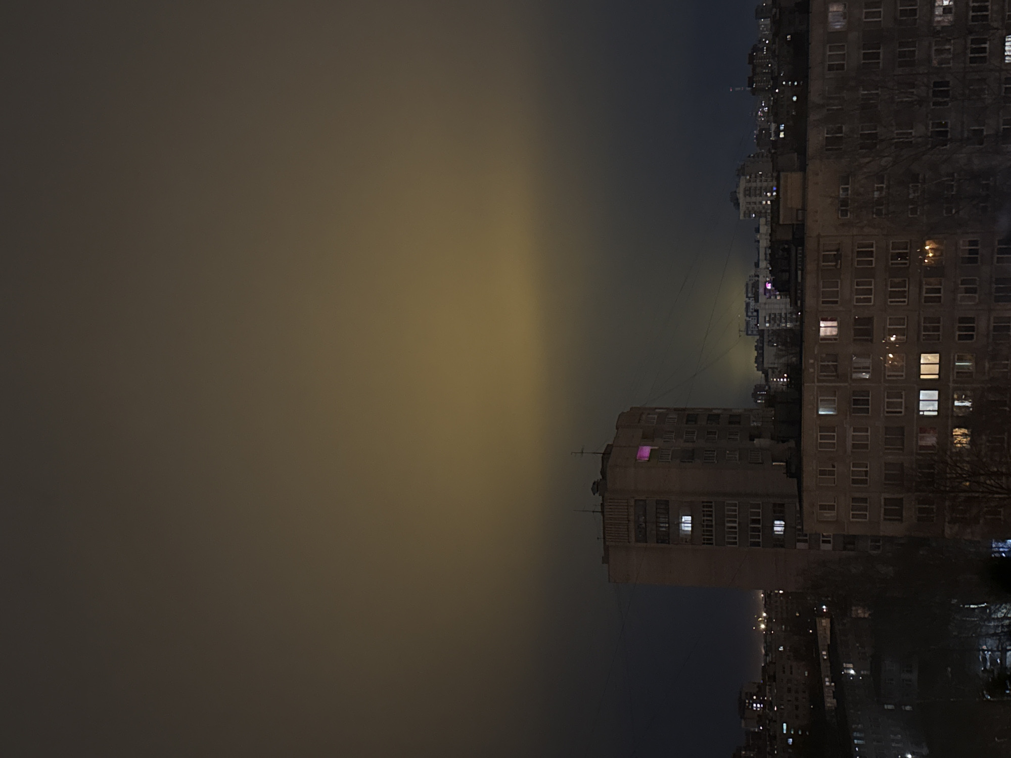 The image depicts a nighttime cityscape in Saint Petersburg, Russia, under a heavily overcast sky. The horizon is obscured by dense smog or fog, with a faint yellow-orange glow emanating from the city lights beneath the haze. A cluster of high-rise residential buildings dominates the right side of the frame. The buildings show a grid pattern of windows, some illuminated with artificial lights, while others are dark. In the foreground, the bare branches of a tree are visible. Additional buildings of varied heights are present in the background, mostly illuminated.