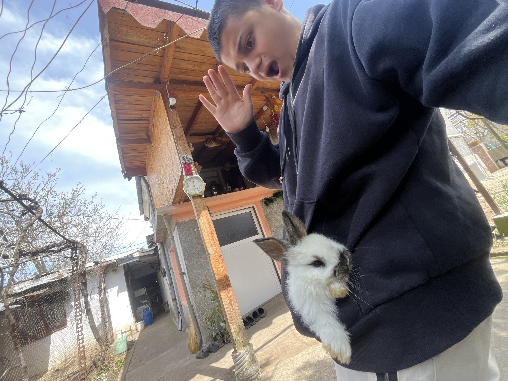 A medium-shot captures a person with short dark hair wearing a black hooded sweatshirt. The person appears surprised, with their mouth open and one hand raised as if waving. In the pocket of the sweatshirt, a white rabbit with brown ears peeks out. Behind the person, a building with a wooden awning and a clock on the side is visible. The outdoor scene appears to be in a rural area, potentially in Lozarevo, Bulgaria, as specified.