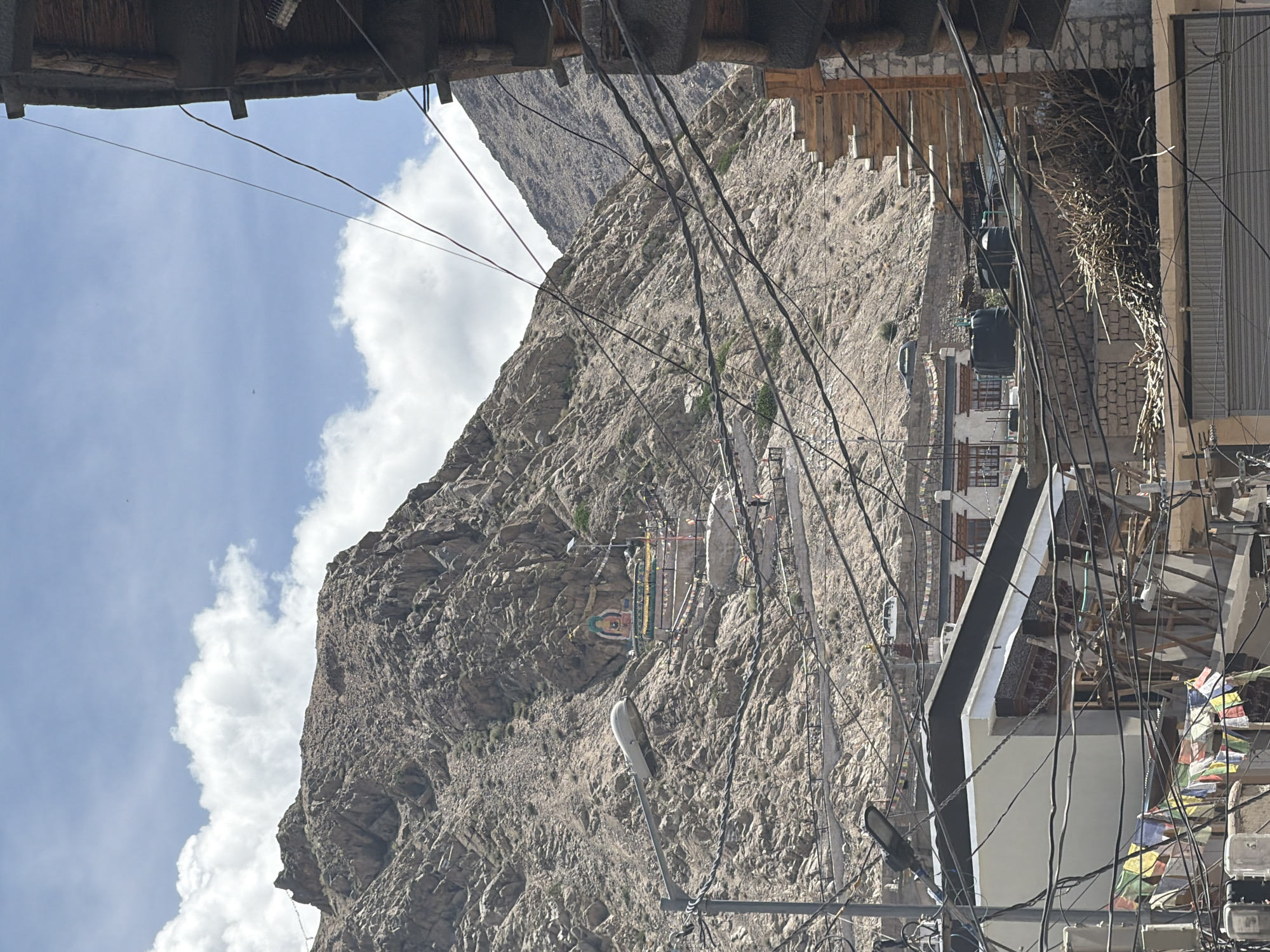 The image, taken in Leh, India, depicts a steep, rocky mountainside with a winding path leading up to a colorful Buddhist shrine featuring a large statue of Buddha. The path is flanked by prayer flags. In the foreground, a densely tangled web of electrical wires dominates the frame, obscuring a portion of the buildings below the mountain. These buildings appear to be traditional Ladakhi architecture with flat roofs and wooden accents. Prayer flags are also visible on some of the lower structures. The sky is partly cloudy with a bright blue sky.