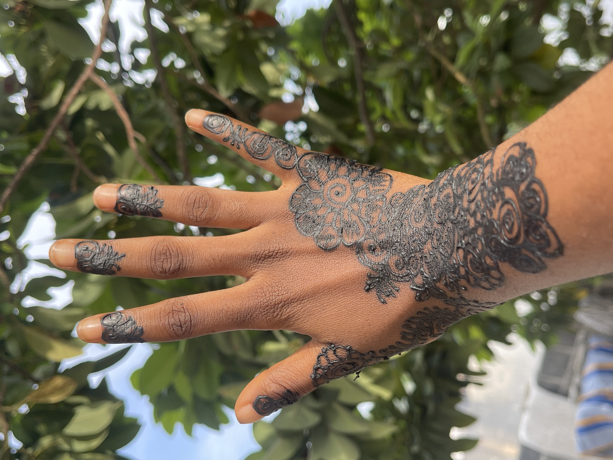 The image presents a close-up of a person's right hand and lower forearm, showcasing elaborate black mehndi (henna) designs. The subject has brown skin. The intricate patterns, rendered in a dark, almost black substance, cover the entire back of the hand, extend over the fingers, notably coating the fingertips, and continue up onto the wrist and forearm. The designs feature a dense array of floral motifs, circular patterns, and delicate scrollwork, forming a rich and decorative aesthetic. The mehndi appears to be somewhat raised, indicating either a recent application or a specific type of paste used.
The hand is positioned outdoors, with a softly blurred background dominated by lush green foliage and tree branches. Bright, out-of-focus highlights in the background suggest sunlight filtering through the leaves, indicating a clear, bright daytime setting. A glimpse of a bright sky is visible through the tree canopy. The natural lighting highlights the texture of the skin and the detailed artistry of the mehndi. No visible text is present in the image. The scene captures a moment of traditional body adornment, likely in an outdoor garden or natural setting in Ado, Nigeria.